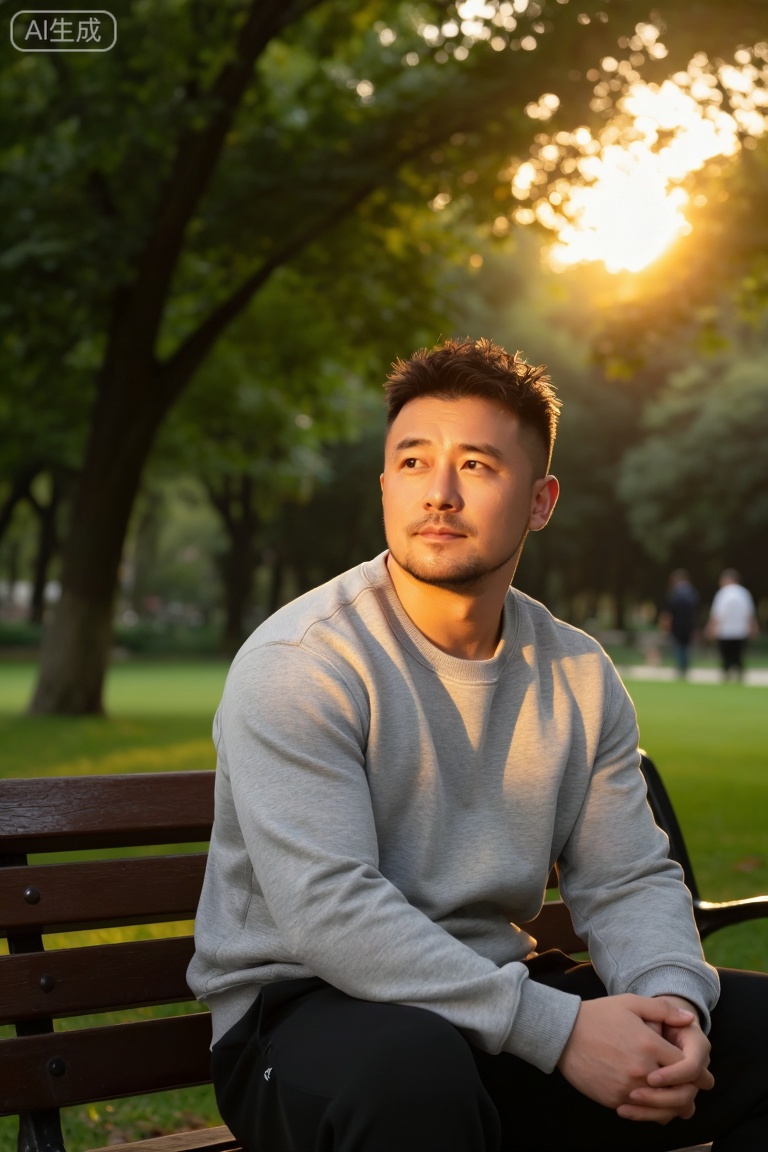 DY,主体描述：一名脂包肌身材的男子赤裸上身,坐在公园长椅上,他双手自然交叠放在腿上,身体微微前倾,头部微侧,目光望向画面右侧,表情平静而专注,嘴角略带沉思感；发型为短发,发丝自然蓬松,面部轮廓清晰,肤色健康自然。

环境背景：户外城市公园,背景为茂密绿树与模糊草坪,阳光透过树叶洒下斑驳光影；地面为木质长椅,颜色深棕,质感温润；远处隐约可见行人身影,营造出宁静而放松的氛围。

光线：自然光从画面右上方照射,形成柔和的逆光效果,照亮人物面部轮廓与颈部线条；左侧产生轻微阴影,增强立体感；金色暖光在皮肤表面形成细腻反光,突出黄昏时分的温暖气息。

渲染风格：电影级写实风格,强调自然光影、服装质感与人物情绪的真实表达,呈现生活化时尚人像。

色彩：以灰、绿、金为主色调,形成冷暖对比；浅灰色卫衣与绿色植物形成视觉平衡,暖黄色光线增添温馨感,整体色彩柔和自然。

构图：采用三分法构图,人物位于画面右侧三分之一处,背景虚化处理,突出主体；长椅线条引导视线集中于人物面部。

拍摄：相机位置略低于人物视线,使用平拍角度,拍摄距离为中近景,聚焦于人物面部与上半身。

滤镜：应用轻微柔焦+暖调滤镜,增强画面的朦胧感与氛围感,提升视觉舒适度。

摄影参数：顶级摄像机型号Canon EOS R5,镜头类型RF 50mm F1.2L USM,快门速度1/250秒,光圈值f/2.0,焦段50mm,ISO数值400。