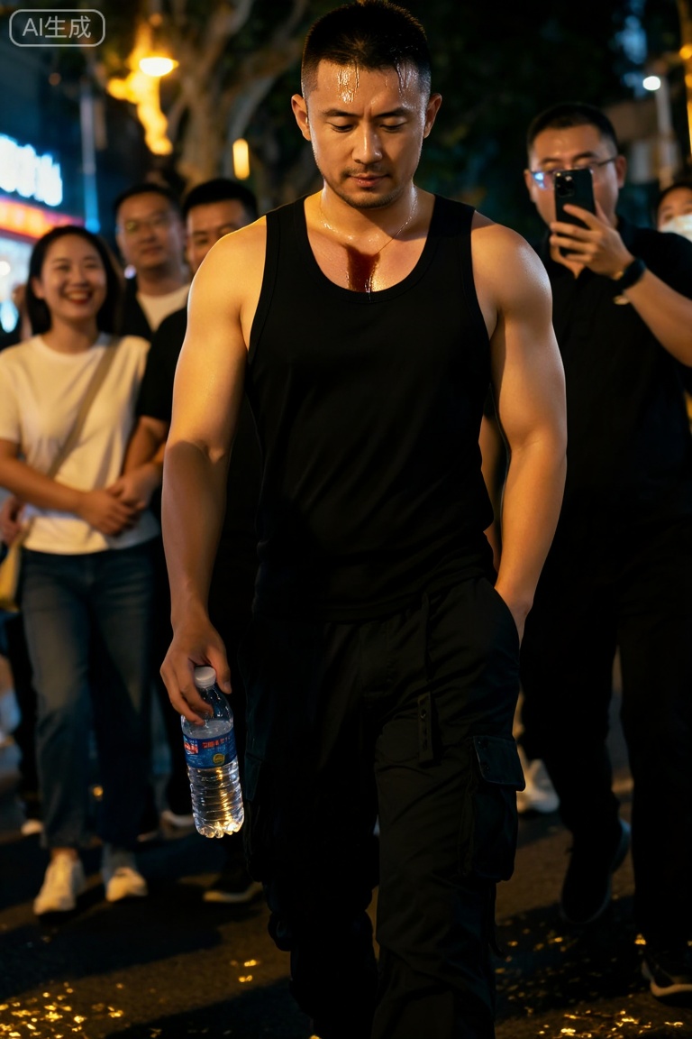 DY,暮色浸漫的上海市中心,霓虹初上时,他独自走在南京西路的人流里。黑色紧身工字背心裹着肌理分明的上身,肩线如刀削般利落,胸肌轮廓随步伐轻晃,在沿街橱窗冷光里投下起伏的阴影,汗水顺着锁骨凹痕滑进领口,洇出一小片深色。
他微微低着头,下颌线绷得很紧,额头的汗水。左手插在工装裤袋里,右手捏着半瓶没开封的矿泉水,指节泛白。身边是涌流的人潮,情侣挽着手笑闹,游客举着手机拍照,玻璃幕墙映出他孑然的身影——像被这座流光溢彩的城市不小心遗落的墨点,热闹是旁人的,他只有影子作伴,一步步踩过满地碎金似的灯影,走向更深的夜色里,脂包肌身材,