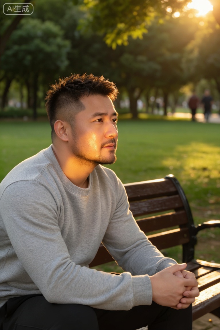 DY,主体描述：一名脂包肌身材的男子赤裸上身,坐在公园长椅上,他双手自然交叠放在腿上,身体微微前倾,头部微侧,目光望向画面右侧,表情平静而专注,嘴角略带沉思感；发型为短发,发丝自然蓬松,面部轮廓清晰,肤色健康自然。

环境背景：户外城市公园,背景为茂密绿树与模糊草坪,阳光透过树叶洒下斑驳光影；地面为木质长椅,颜色深棕,质感温润；远处隐约可见行人身影,营造出宁静而放松的氛围。

光线：自然光从画面右上方照射,形成柔和的逆光效果,照亮人物面部轮廓与颈部线条；左侧产生轻微阴影,增强立体感；金色暖光在皮肤表面形成细腻反光,突出黄昏时分的温暖气息。

渲染风格：电影级写实风格,强调自然光影、服装质感与人物情绪的真实表达,呈现生活化时尚人像。

色彩：以灰、绿、金为主色调,形成冷暖对比；浅灰色卫衣与绿色植物形成视觉平衡,暖黄色光线增添温馨感,整体色彩柔和自然。

构图：采用三分法构图,人物位于画面右侧三分之一处,背景虚化处理,突出主体；长椅线条引导视线集中于人物面部。

拍摄：相机位置略低于人物视线,使用平拍角度,拍摄距离为中近景,聚焦于人物面部与上半身。

滤镜：应用轻微柔焦+暖调滤镜,增强画面的朦胧感与氛围感,提升视觉舒适度。

摄影参数：顶级摄像机型号Canon EOS R5,镜头类型RF 50mm F1.2L USM,快门速度1/250秒,光圈值f/2.0,焦段50mm,ISO数值400。
