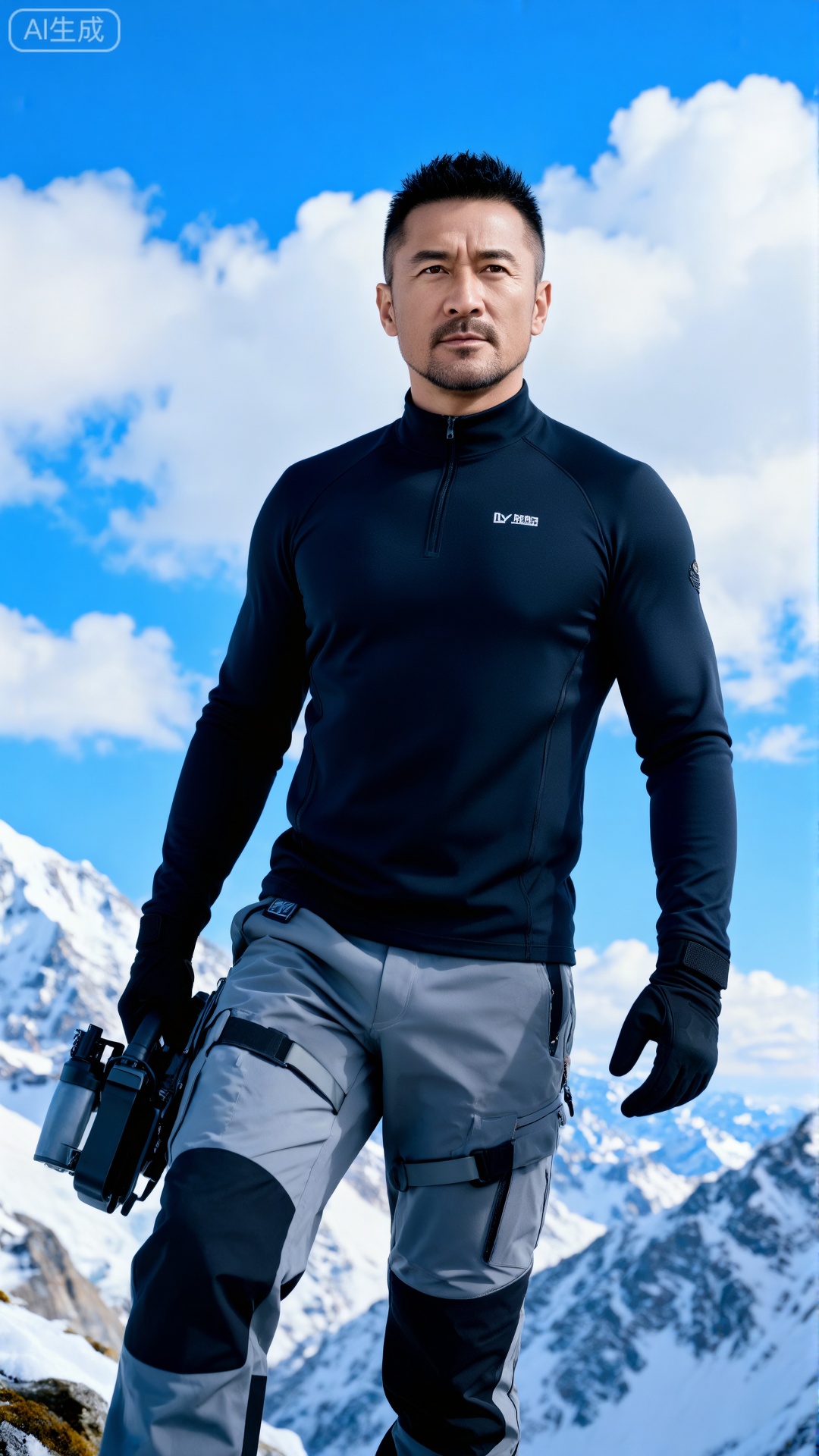 DY,极致细节,4K壁纸,最高质量,杰作,极致清晰,
一位面容刚毅、发型短发、眼神坚定的中年男子。他身着深色功能性上衣,搭配浅灰色工装裤（裤腿处带有护膝与绑带设计）,并佩戴黑色手套,手持装备。他矗立于雪山场景中,背景是云雾缭绕的蓝天。