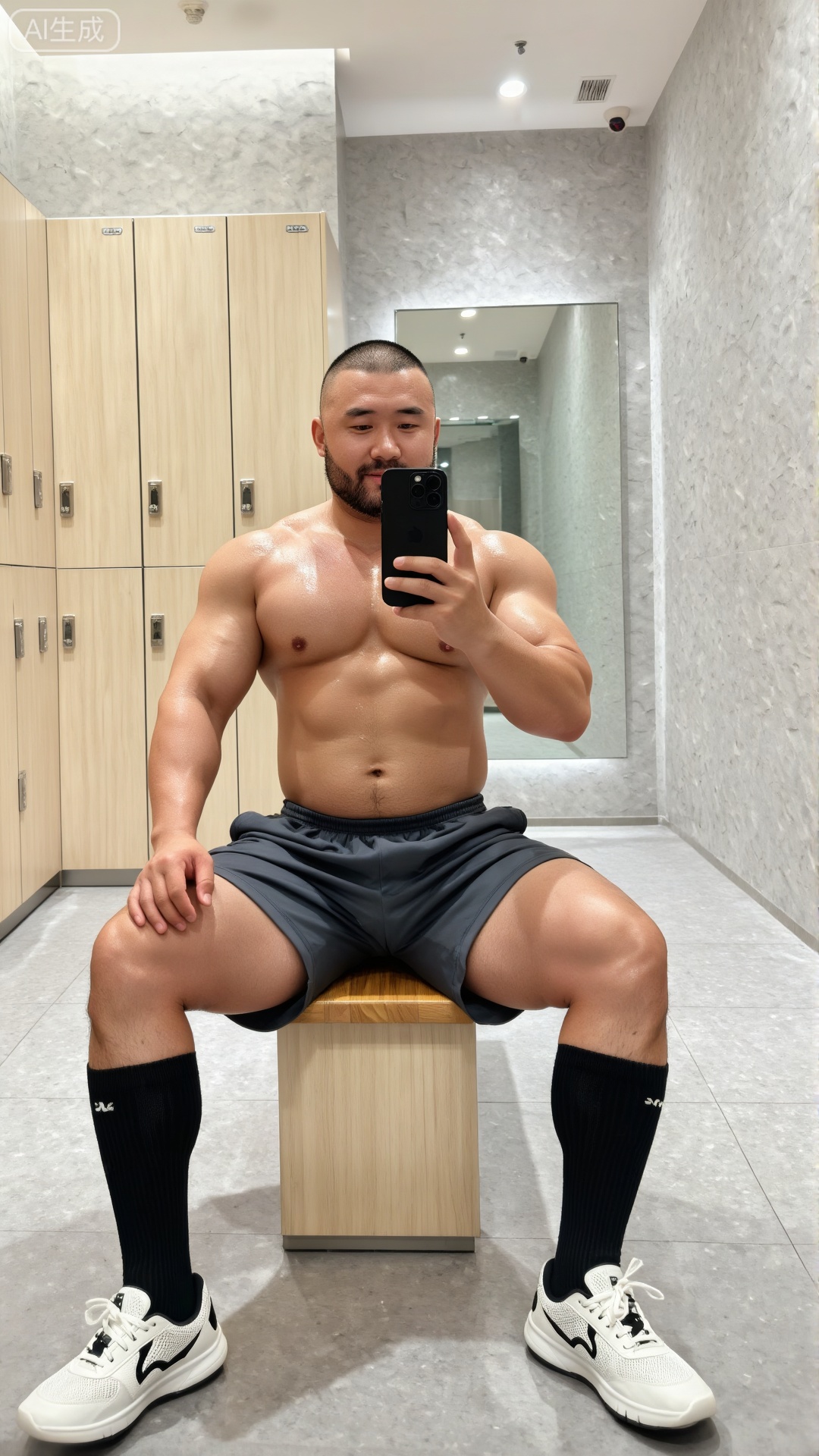 DY,4K画质,杰作,最好的质量,惊人的质量,高分辨率,最新,高清,最好的品质,非常详细,CG,8k,原始摄影,顶级品质,画面质感高清细腻,
一位留着寸头、带有胡须的脂包肌身材的男性,赤裸上身,肌肉线条清晰（胸肌、腹肌、手臂肱二头肌饱满紧实）,穿着深灰色运动短裤,搭配黑色长筒袜与白黑配色的休闲运动鞋。他坐在健身房更衣室的浅木色储物柜前的长椅上,右手举着黑色手机遮挡面部自拍,左手自然搭在腿上。背景是浅灰色地面、带纹理的墙面与嵌入式镜子,室内灯光明亮柔和,整体画面为4K高清画质,细节锐利,色调干净简洁,呈现出运动后放松的状态。