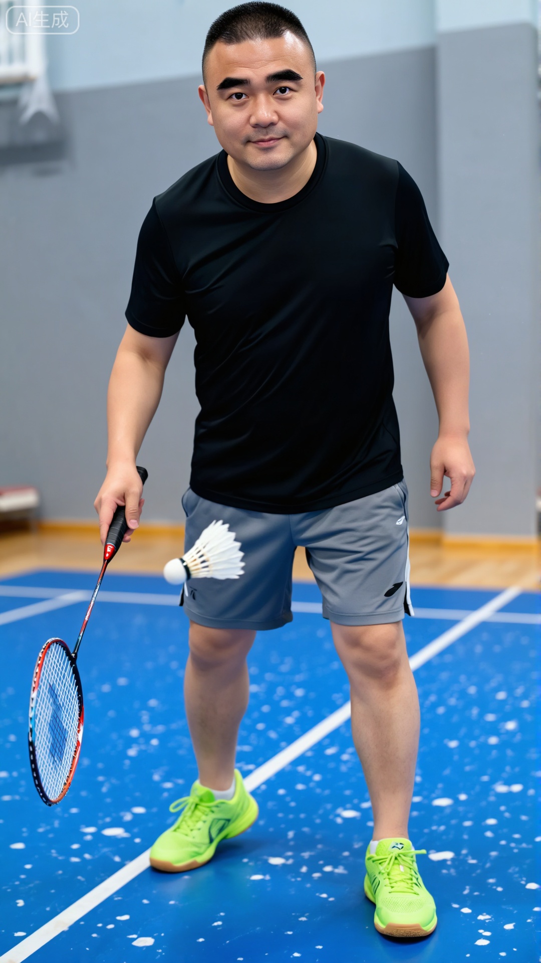 DY,极致细节,4K壁纸,最高质量,杰作,极致清晰, 一位留着整齐短发的男性,面部轮廓圆润,额头饱满光滑,浓密整齐的眉毛散发着稳定的气息。他的眼睛明亮而敏锐,目光平静而沉着,嘴角微微上扬,散发出友好而平易近人的气质。他体格健壮,沉稳自信,充分体现了一种脚踏实地、可靠的气质。他在室内羽毛球场,握着羽毛球拍,姿态醒目——一只白色羽毛球在他身边盘旋,身后拖着一条动态的轨迹。他穿着黑色短袖运动上衣,灰色运动短裤,亮霓虹绿色运动鞋。背景由一个带有白色斑纹的蓝色庭院和浅灰色墙壁组成；明亮的室内灯光均匀分布,突出了他轻松的运动姿势,同时使他的表情细节和球场的清晰质感更加生动。


负向提示