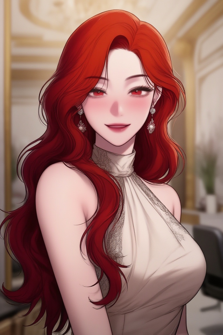 RangariiArt ,  a girl with long wavy hair,  wearing a halter dress on Tensor.Art