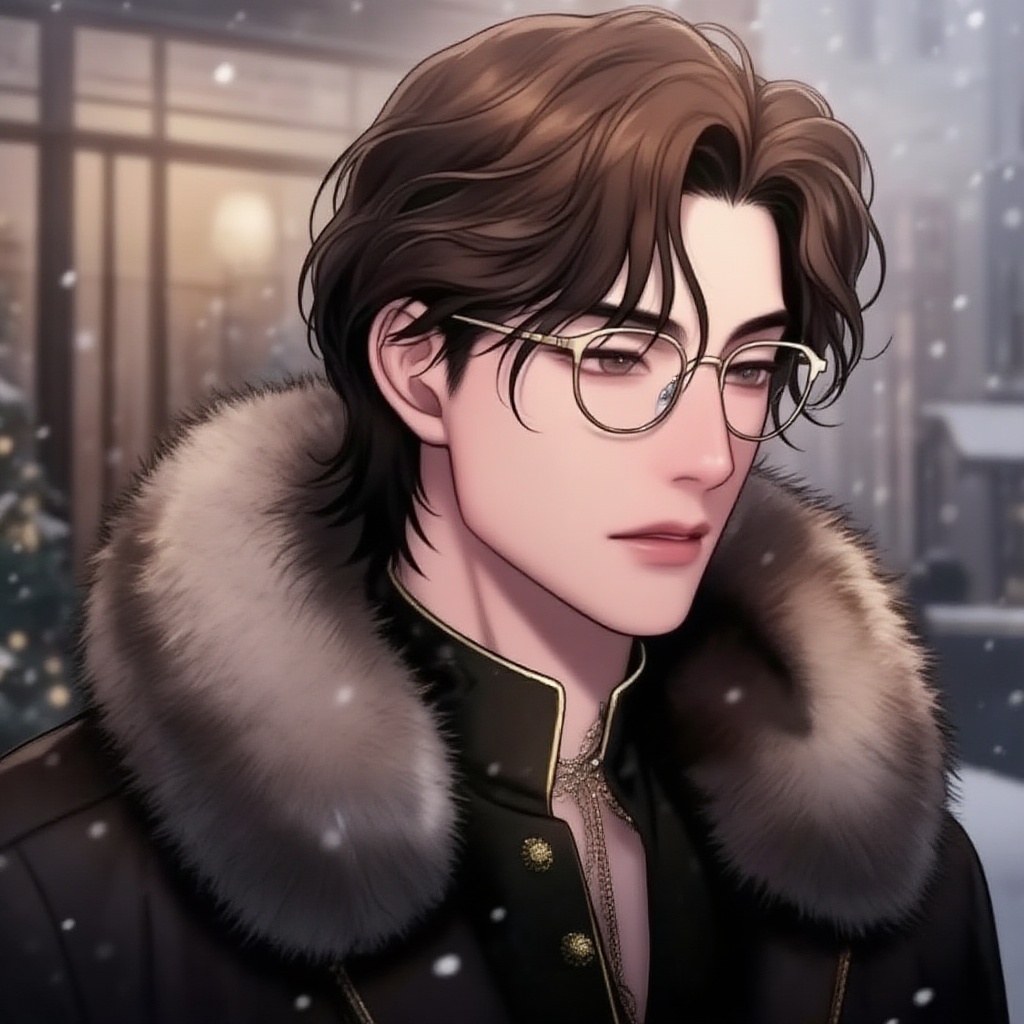RangariiArt,  a man is depicted wearing glasses and a luxurious fur winter coat,  exuding elegant vibes. His wavy medium-l...