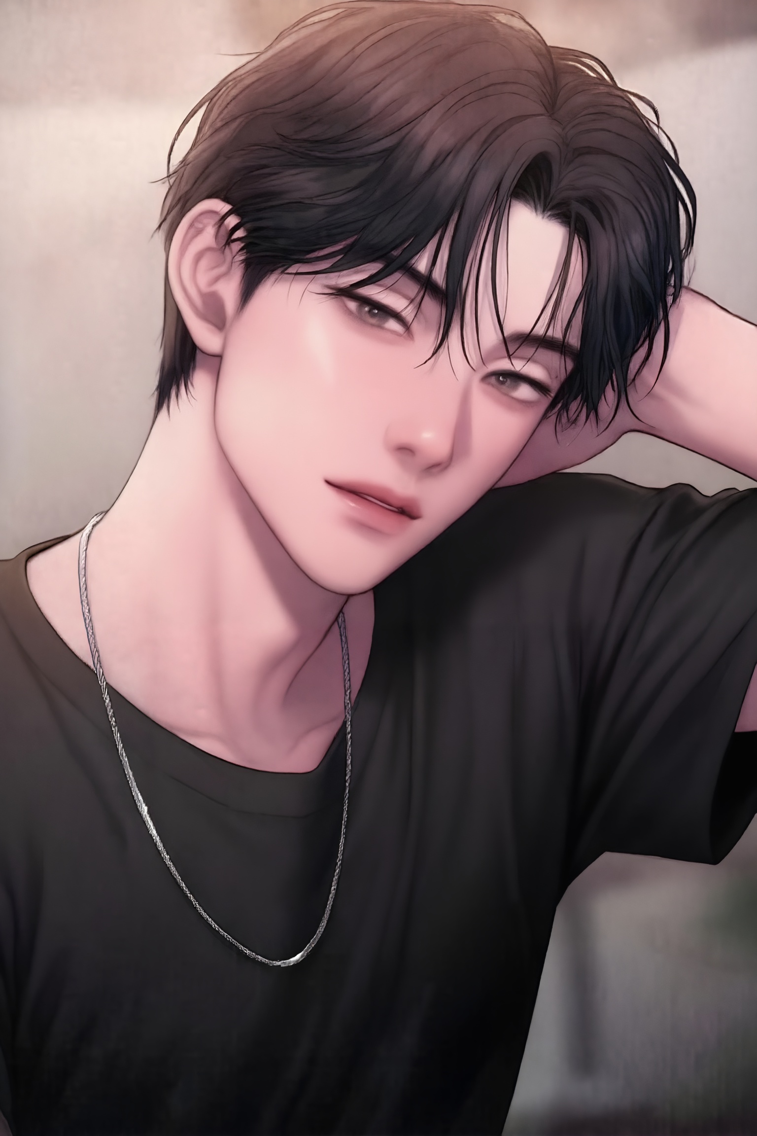 RangariiArt,  a man resting his head on his head,  he has short wavy hair with bangs on Tensor.Art