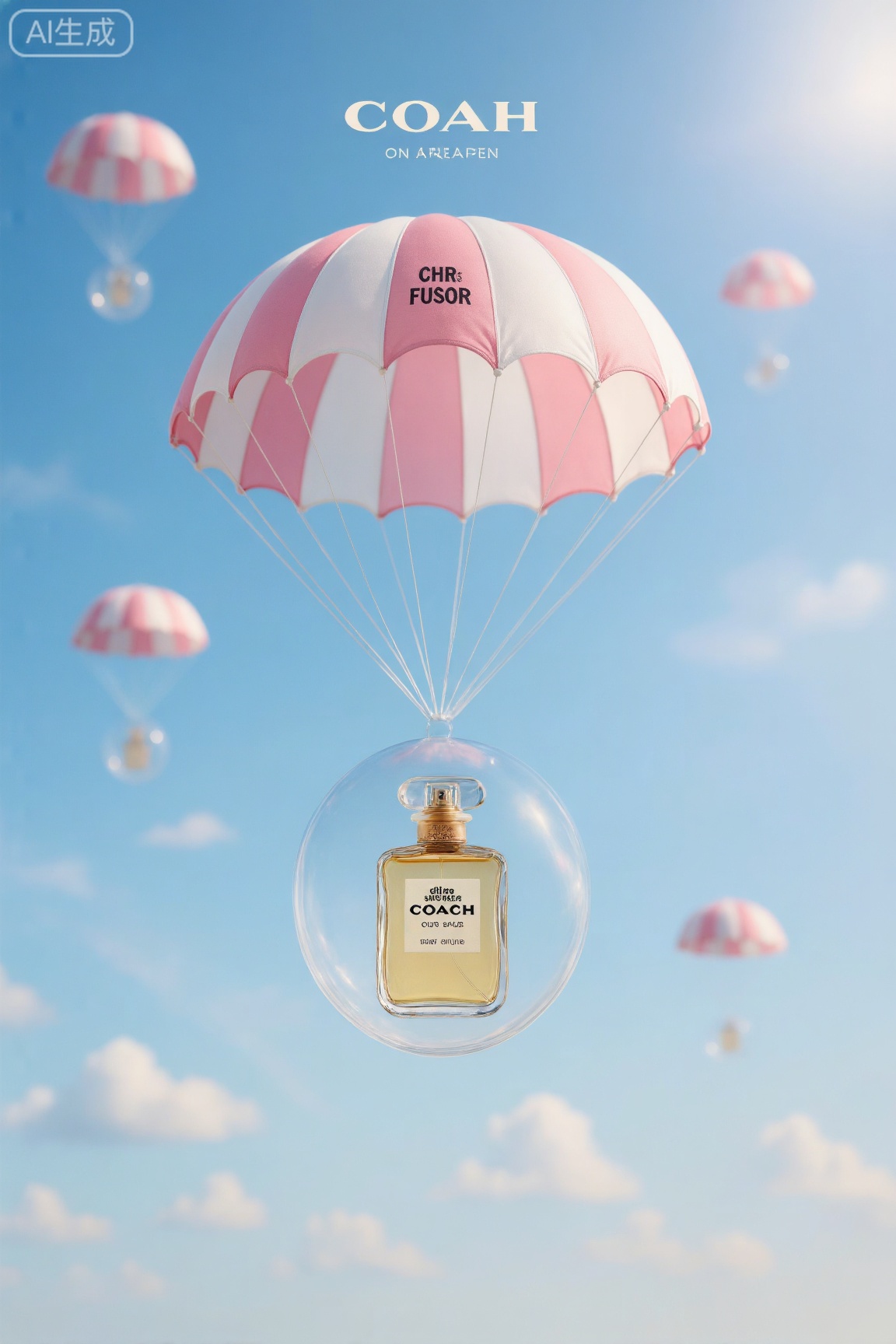 Coah香水瓶乘粉白条纹伞,透明球悬浮蓝天