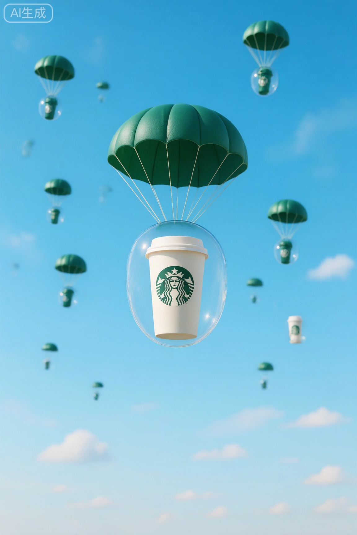咖啡杯乘绿色降落伞,透明罩中飘浮蓝天