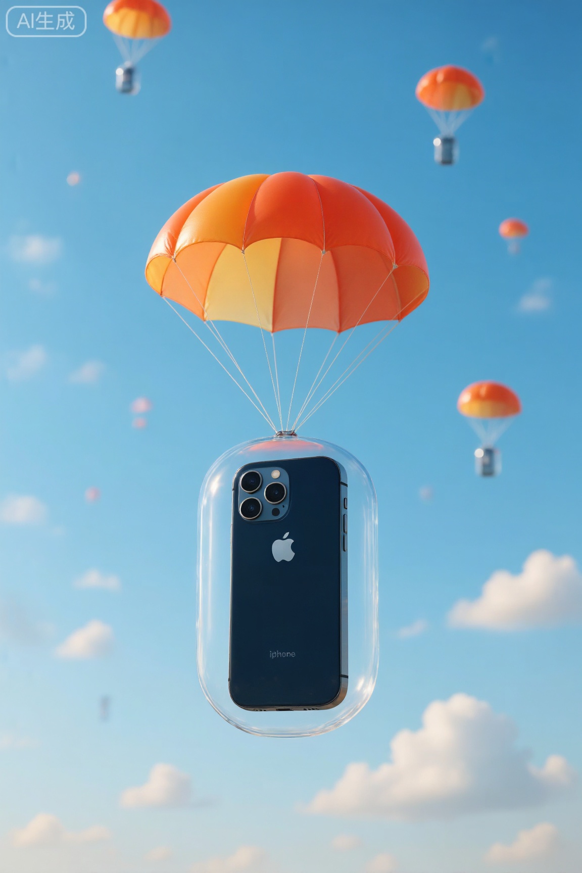 Iphone手机乘橙色降落伞,透明罩中悬浮蓝天