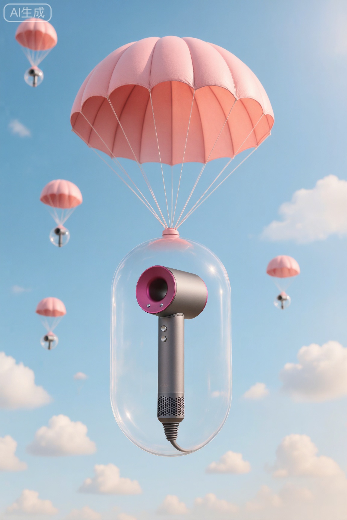 吹风机乘粉色降落伞,悬浮于透明球中,蓝天白云背景