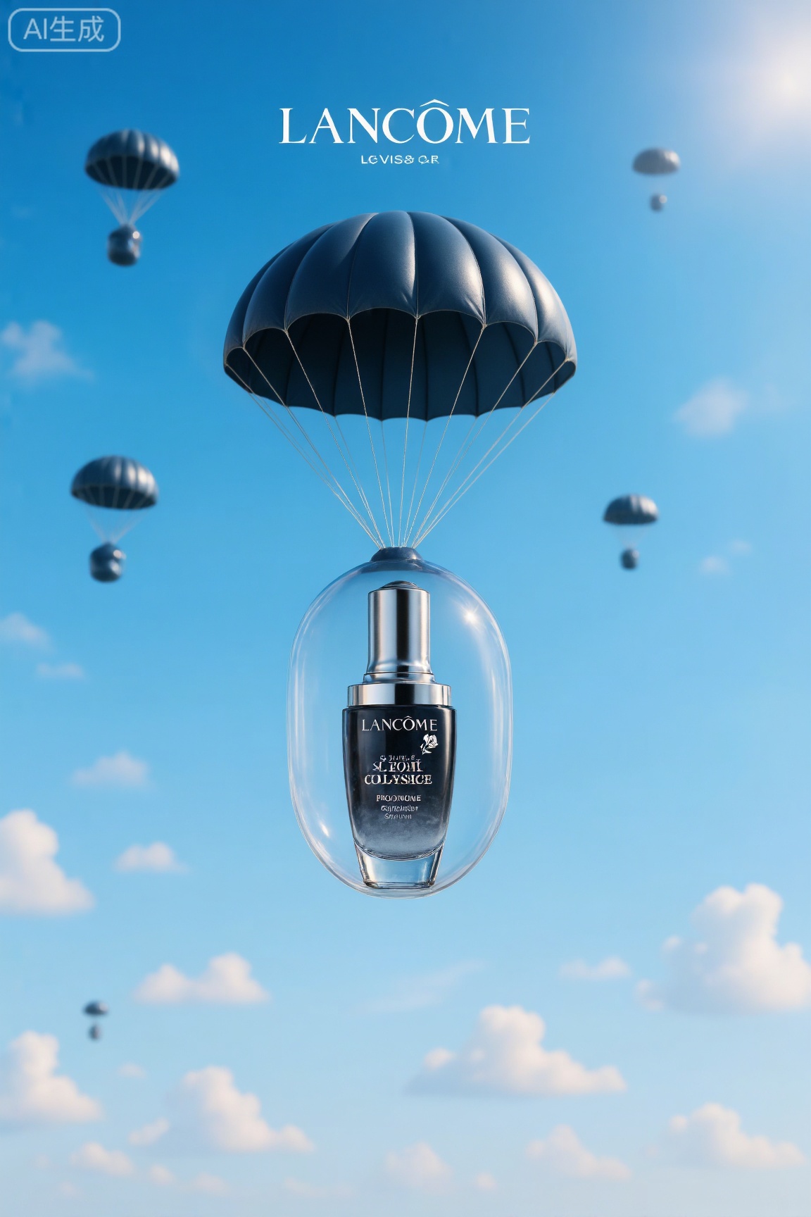 兰蔻精华液乘降落伞,透明球悬浮蓝天,slogan
