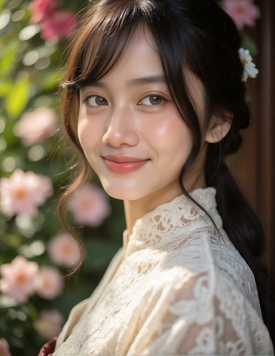 Ultra realistic UHD close up picture,  close up to her face,  Pale skin 20 year old Balinese woman rach with graceful expr...