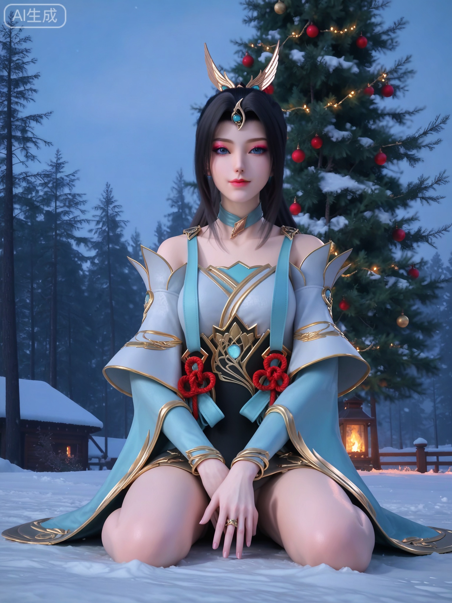 score_9,score_8_up,score_7_up,masterpiece,(best quality),(intricate details:0.9) BREAK (intricate details:0.9),(realistic skin:1.2),masterpiece,best quality,newest,absurdres,hiahres,1girl,jewelry,hair ornament,dress,necklace,lips,eyeshadow,bracelet,tassel,(8k ultra-clear, pony style),photo pose 0.6, micro-expression: soft smile 0.3, half-body + medium shot 0.7,1girl,looking_at_viewer,1boy,hair,realistic,photorealistic,Vivid Colors,bright environment,shiny skin,shiny hairjewelry,detail eyes,Eyes highlights,glowing,sunshine,bright,reflection,bright,sunshine on face,shiny,shinny,petite,thin,leg slimming,lose weight,slim hips,lakeside,delicate water,reflection,(full body:1.3)sitting_down,eyelashes,snow,Winter,Snowy landscape,Snow accumulation,Christmas tree,(huge breasts:1),