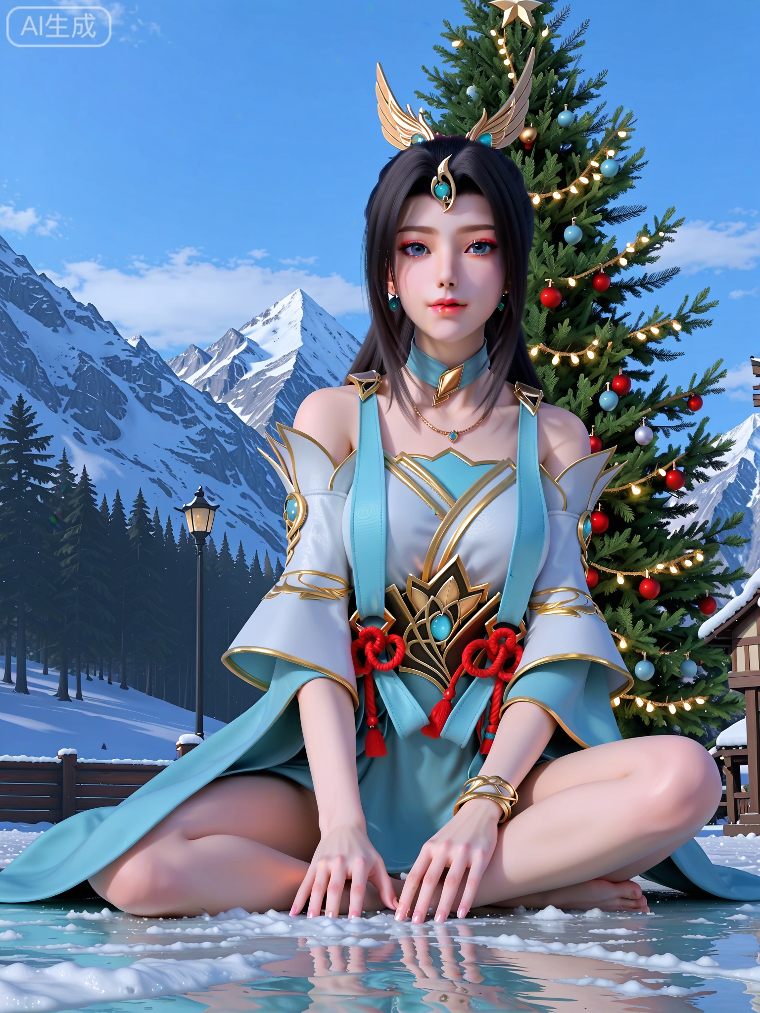 score_9,score_8_up,score_7_up,masterpiece,(best quality),(intricate details:0.9) BREAK (intricate details:0.9),(realistic skin:1.2),masterpiece,best quality,newest,absurdres,hiahres,1girl,jewelry,hair ornament,dress,necklace,lips,eyeshadow,bracelet,tassel,(8k ultra-clear, pony style),photo pose 0.6, micro-expression: soft smile 0.3, half-body + medium shot 0.7,1girl,looking_at_viewer,1boy,hair,realistic,photorealistic,Vivid Colors,bright environment,shiny skin,shiny hairjewelry,detail eyes,Eyes highlights,glowing,sunshine,bright,reflection,bright,sunshine on face,shiny,shinny,petite,thin,leg slimming,lose weight,slim hips,lakeside,delicate water,reflection,(full body:1.3)sitting_down,eyelashes,snow,Winter,Snowy landscape,Snow accumulation,Christmas tree,(huge breasts:1),