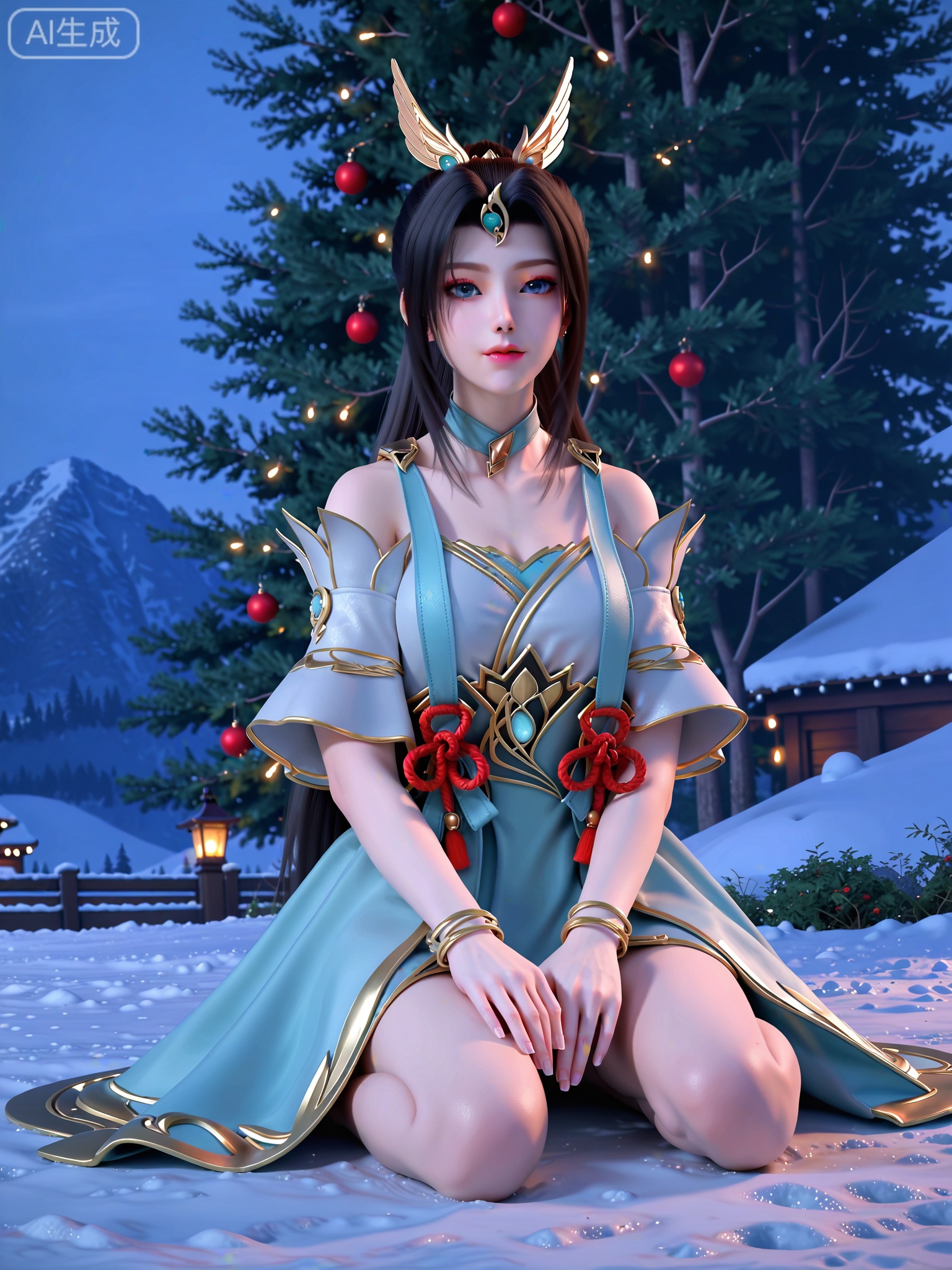 score_9,score_8_up,score_7_up,masterpiece,(best quality),(intricate details:0.9) BREAK (intricate details:0.9),(realistic skin:1.2),masterpiece,best quality,newest,absurdres,hiahres,1girl,jewelry,hair ornament,dress,necklace,lips,eyeshadow,bracelet,tassel,(8k ultra-clear, pony style),photo pose 0.6, micro-expression: soft smile 0.3, half-body + medium shot 0.7,1girl,looking_at_viewer,1boy,hair,realistic,photorealistic,Vivid Colors,bright environment,shiny skin,shiny hairjewelry,detail eyes,Eyes highlights,glowing,sunshine,bright,reflection,bright,sunshine on face,shiny,shinny,petite,thin,leg slimming,lose weight,slim hips,lakeside,delicate water,reflection,(full body:1.3)sitting_down,eyelashes,snow,Winter,Snowy landscape,Snow accumulation,Christmas tree,(huge breasts:1),