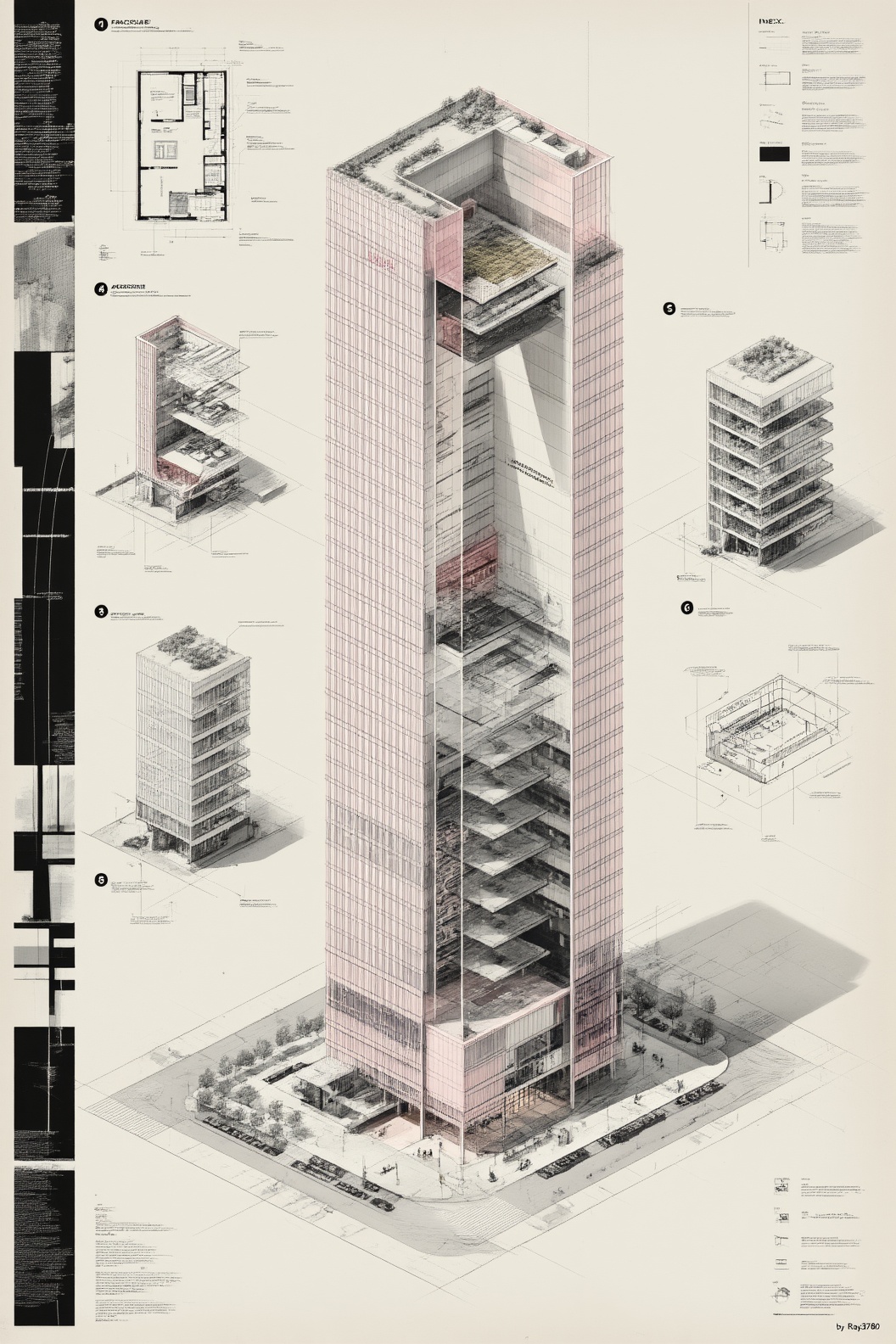Exploded axonometric architectural drawing of a contemporary glass office tower on a city corner,  based on a simple recta...