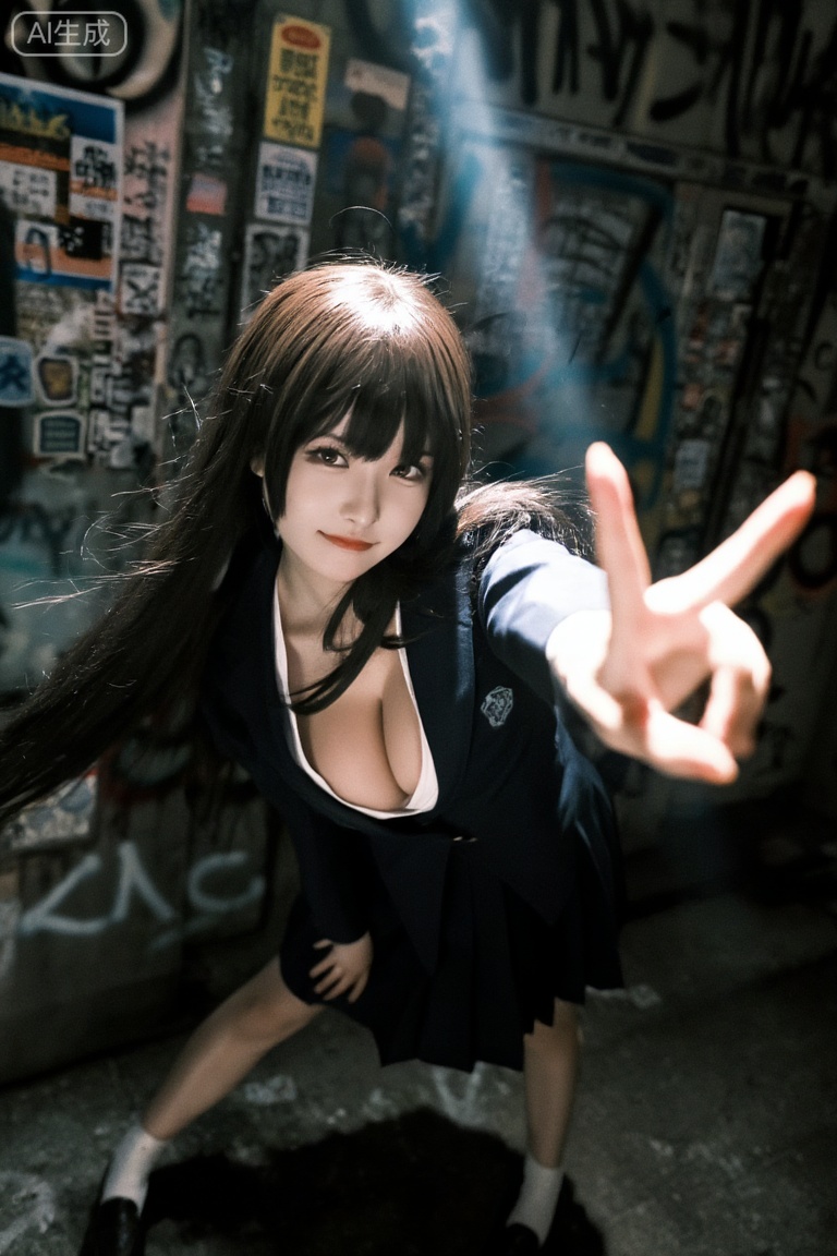 日本复古摄影,胶片颗粒,低饱和度色调,美女,深色长发,富江发型,穿JK制服,大胸,摄影写真,真人,高角度俯拍,正面照,看向镜头,微勾唇角,背景是满是涂鸦和贴满了小广告的小巷子,昏暗,人物背靠墙壁,一只脚收起,头顶斜着有一束光落下,发丝细腻富有光泽,一只手伸向前方,胜利手势