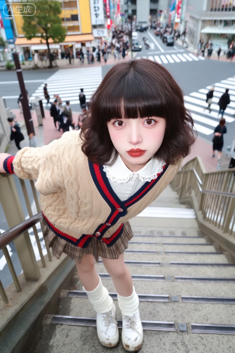 核心主体：18 岁中国少女,深棕短羊毛卷发型+ 厚重齐刘海,妆容清透伪素颜,唇色为显白红棕调,眼神无辜直视镜头,表情略带呆萌感,面部肌肤通透有自然粉晕精准姿势：站在户外天桥楼梯上,身体向前大幅倾斜弯腰,双手轻搭两侧金属栏杆,双腿微屈重心向前,呈现娇俏又活泼的姿态服装细节：浅卡其色粗针麻花针织开衫（领口/ 袖口/ 下摆有红+ 深蓝条纹撞色镶边）,内搭白色蕾丝花边立领衬衫,下身搭配同色系格纹百褶短裙,白色中筒堆堆袜（袜口微卷）,厚底小白鞋（鞋型圆润带轻微做旧感）
场景氛围：东京涩谷风格的繁忙街头天桥,背景是斑马线十字路口、密集的行人和低矮的日式街铺,整体充满都市烟火气专业镜头描述：采用24mm 广角镜头高角度俯拍,带轻微桶形畸变以强化楼梯纵深感,焦点精准锁定人物面部,背景做浅景深虚化处理光影质感：白天柔和散射自然光,光线均匀通透,面部无硬阴影,画面色彩清新明亮,以卡其色、白色为主色调,点缀红蓝撞色风格定义：日系甜妹风街拍写真,高清8K 写实质感,自然生活化的抓拍感,色彩干净明快,人物主体清晰锐利