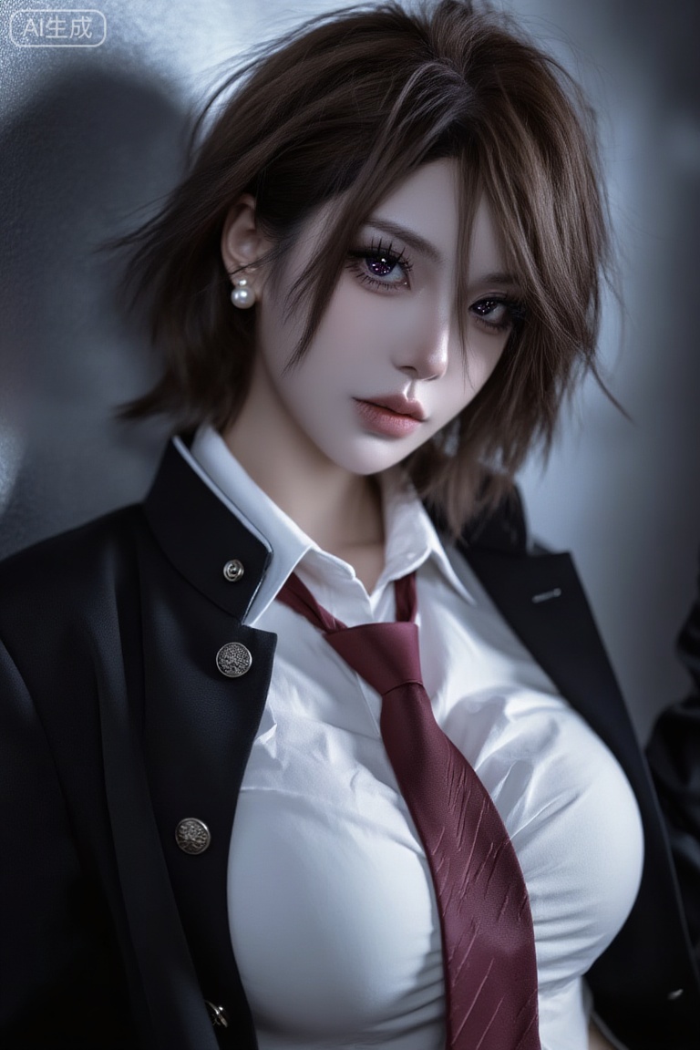 半夜在电脑前加班,女性,美日混血儿,沙漏型身材,棕色短发（蓬松且有凌乱感,发丝遮眼）,暗色闪光瞳孔（色调浓郁,眼神可带些清冷、深邃感）,长睫毛,精致五官,肤色偏苍白,腹黑,校霸身着日式立领校服风格外套（黑色,有硬朗版型、金属扣等细节）,内搭白色衬衫（微敞、有自然褶皱）,衬托饱满胸型,搭配酒红色领带（松散系法、有垂坠纹理）,珍珠耳钉随意倚在墙边,银暗色调,磨砂质感,侧面视角,氛围感,暗部加灰,高光柔和,模糊氛围怼脸大特写,精致细节,细腻写实写真照,超高清画质去掉参考图的服装和手套书还有脖子巾发型,

画质要求：超写实风格,8K 分辨率,细节丰富,光线层次分明,具有强烈的立体感与神秘感。