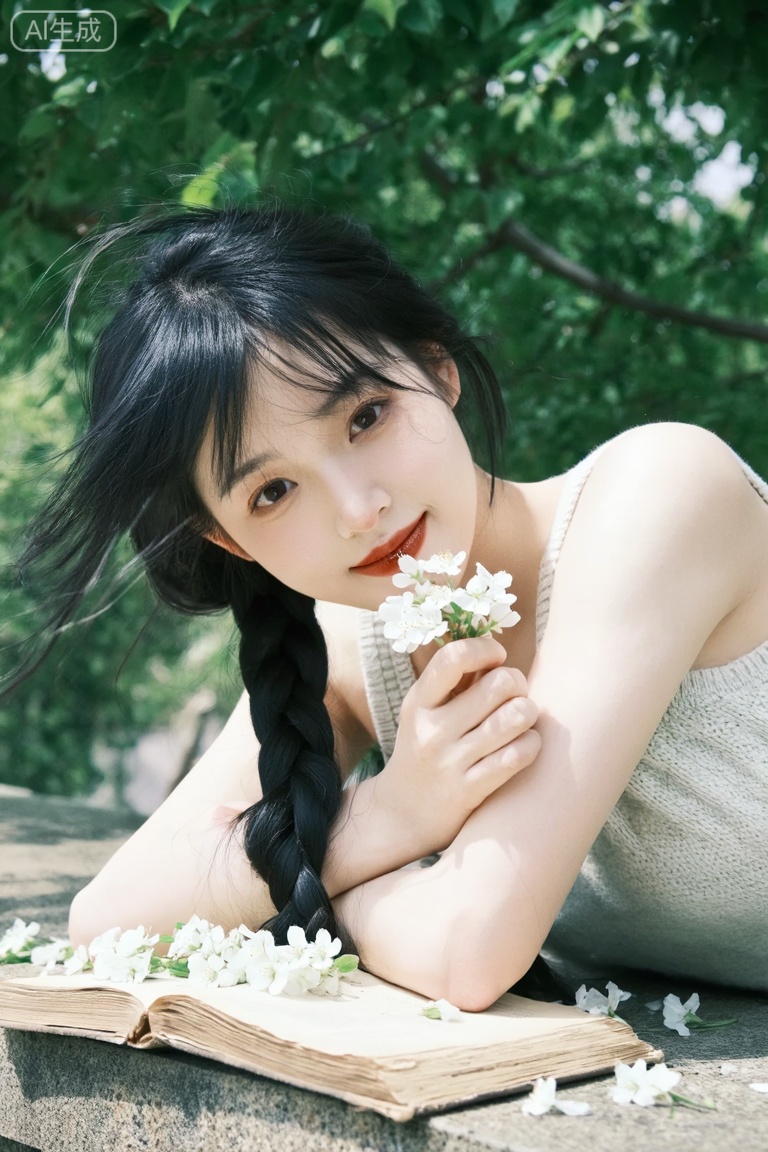 18-20 岁清甜中国少女,黑色顺滑长麻花辫+ 碎刘海,发丝被微风轻拂妆容：伪素颜妆效,皮肤白皙通透,红棕色唇釉,眼神慵懒迷离带笑意穿搭：浅色针织背心（面料柔软,露出肩颈线条）
手持物品：一小枝白色碎花趴在户外石质台面上,手肘支撑在摊开的旧书上,头枕在手臂上单手捏着白花靠近唇边,身体微侧,视线斜向镜头整体姿态松弛慵懒,兼具文艺感与氛围感场景：绿意盎然的户外树荫下,背景为茂密的绿色树叶,石台上散落白色碎花光线：柔和暖调自然光,透过树叶形成斑驳光影,整体色调偏清新绿白,营造治愈的春日氛围镜头角度：平视略偏俯的近景特写,聚焦人物面部与书本、白花画质风格：手机低像素直出,明显颗粒感与噪点,色彩饱和度略高,带清新复古滤镜与自然动态模糊,呈现社交媒体胶片风随拍的真实质感film photography, mobile phone photo, low quality, grainy, natural light, outdoor spring, book and flowers, social media aesthetic, candid shot, fresh and gentle vibe