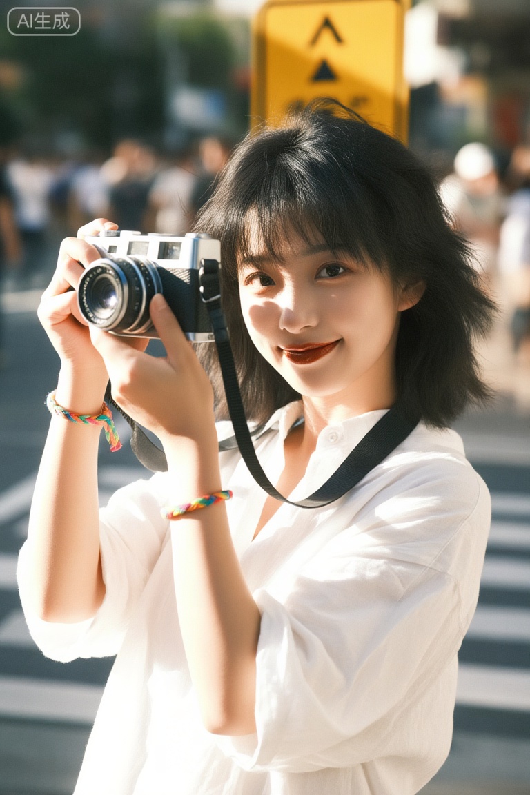 18-20 岁元气东亚少女,黑色自然蓬松中短发+ 碎刘海,发丝修饰脸颊妆容：伪素颜妆效,皮肤健康通透,红棕色唇釉,眼神灵动带笑意配饰：左手佩戴彩色编织手链,黑色相机肩带斜跨肩头穿搭：白色宽松棉质衬衫（领口微敞,版型随性）
双手举着一台银黑配色的复古旁轴相机,镜头正对前方脸部从相机右侧露出,视线直视镜头,手肘微弯整体姿态自然随性,兼具街头感与文艺感场景：繁忙的城市街头,背景是模糊的人群与黄色交通标识光线：强烈暖调侧逆光,形成明暗对比强烈的轮廓光,皮肤与衬衫带有明显高光整体色调偏暖黄,营造复古胶片感的街头氛围镜头角度：平视角度的近景特写,聚焦人物上半身与相机画质风格：手机低像素直出,明显颗粒感与噪点,色彩饱和度偏高带暖调复古滤镜与自然动态模糊,呈现社交媒体胶片风随拍的真实质感film photography, mobile phone photo, low quality, grainy, retro camera, urban street, natural light, social media aesthetic, candid shot, lively and casual vibe