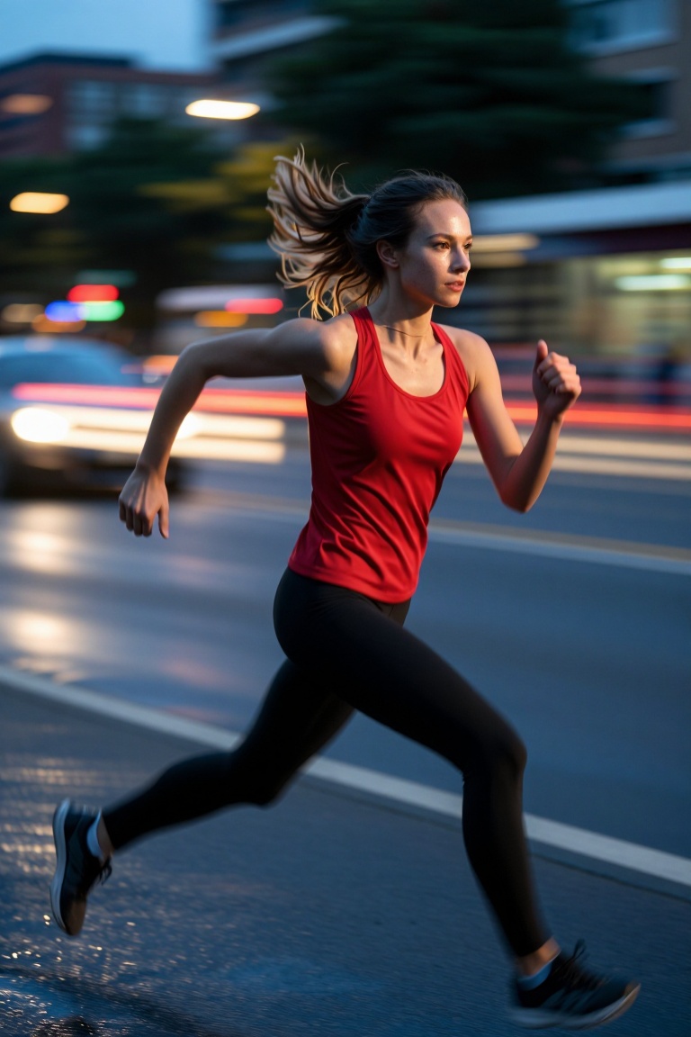 [Subject] A young female sprinter mid-stride on a rain-slicked city street at dusk,  wearing a bright red athletic **** to...