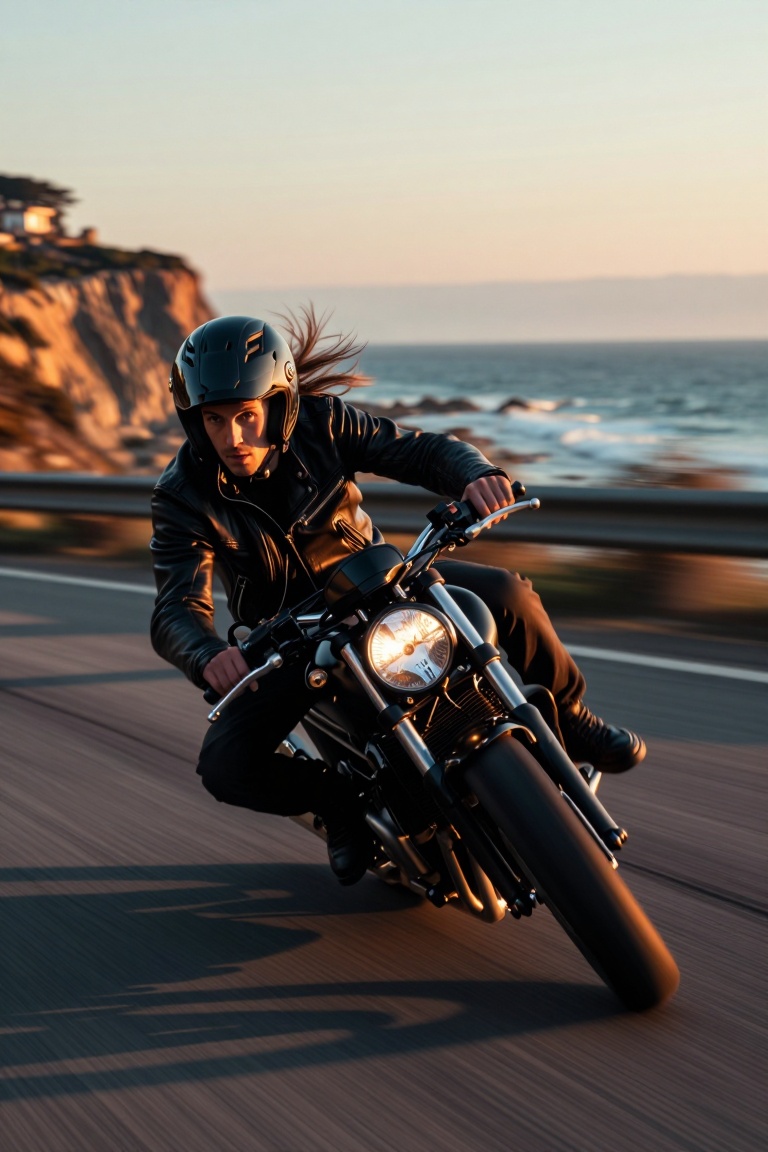 [Subject] A motorcycle rider leaning into a sharp turn on a coastal highway at golden hour,  wearing a black leather jacke...