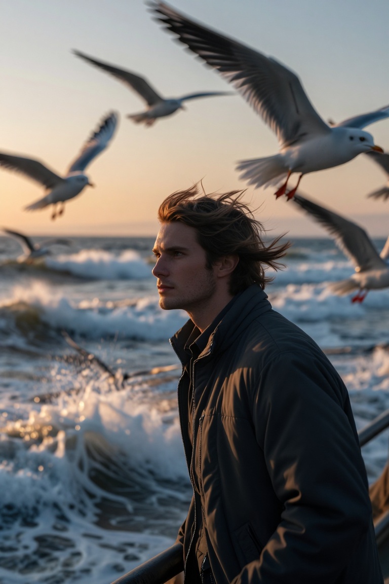 [Subject] A flock of seagulls taking flight over a turbulent ocean at sunrise,  their wings and bodies rendered in dynamic...