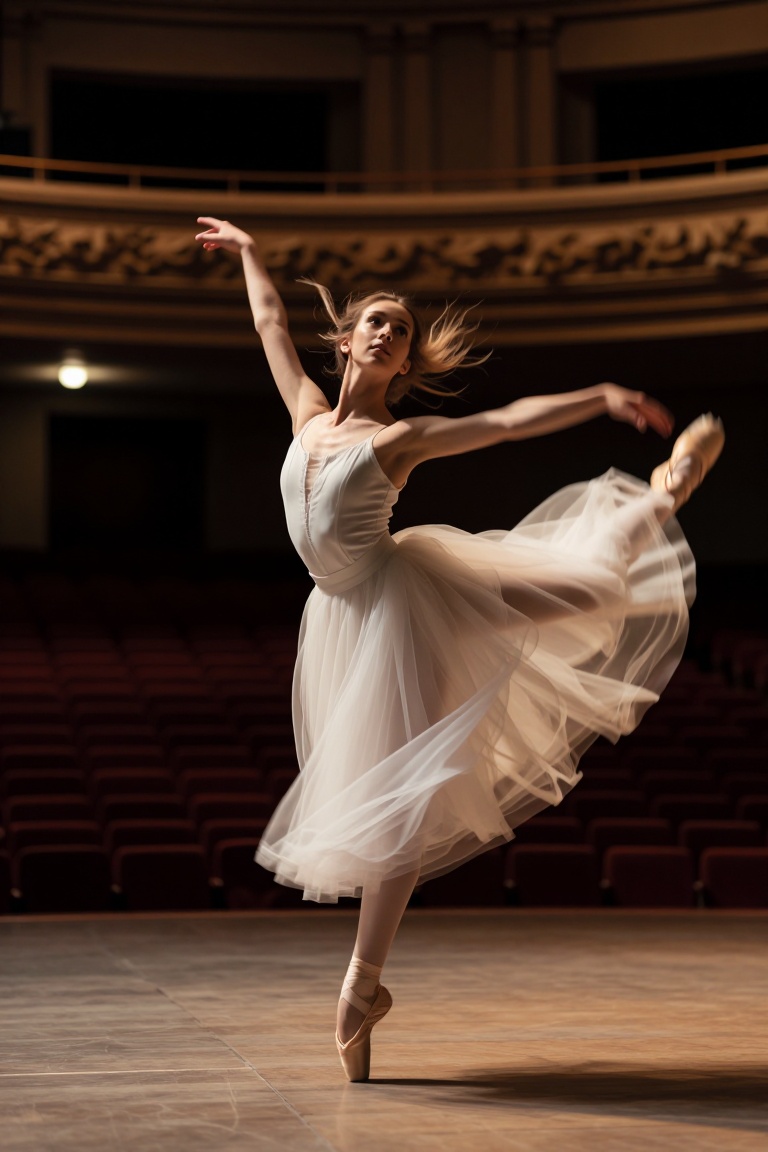 [Subject] A professional ballet dancer in mid-pirouette on an empty wooden stage,  wearing a flowing white tutu and pointe...