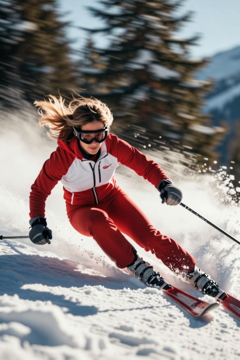 [Subject] A downhill skier carving through fresh powder snow on a steep mountain slope,  wearing a sleek red and white ski...