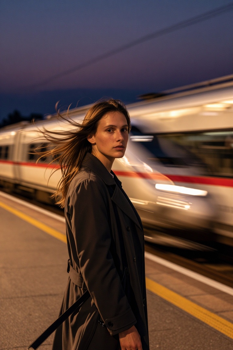 [Subject] A high-speed train rushing past a rural platform at twilight,  the train cars blurred horizontally into silver a...