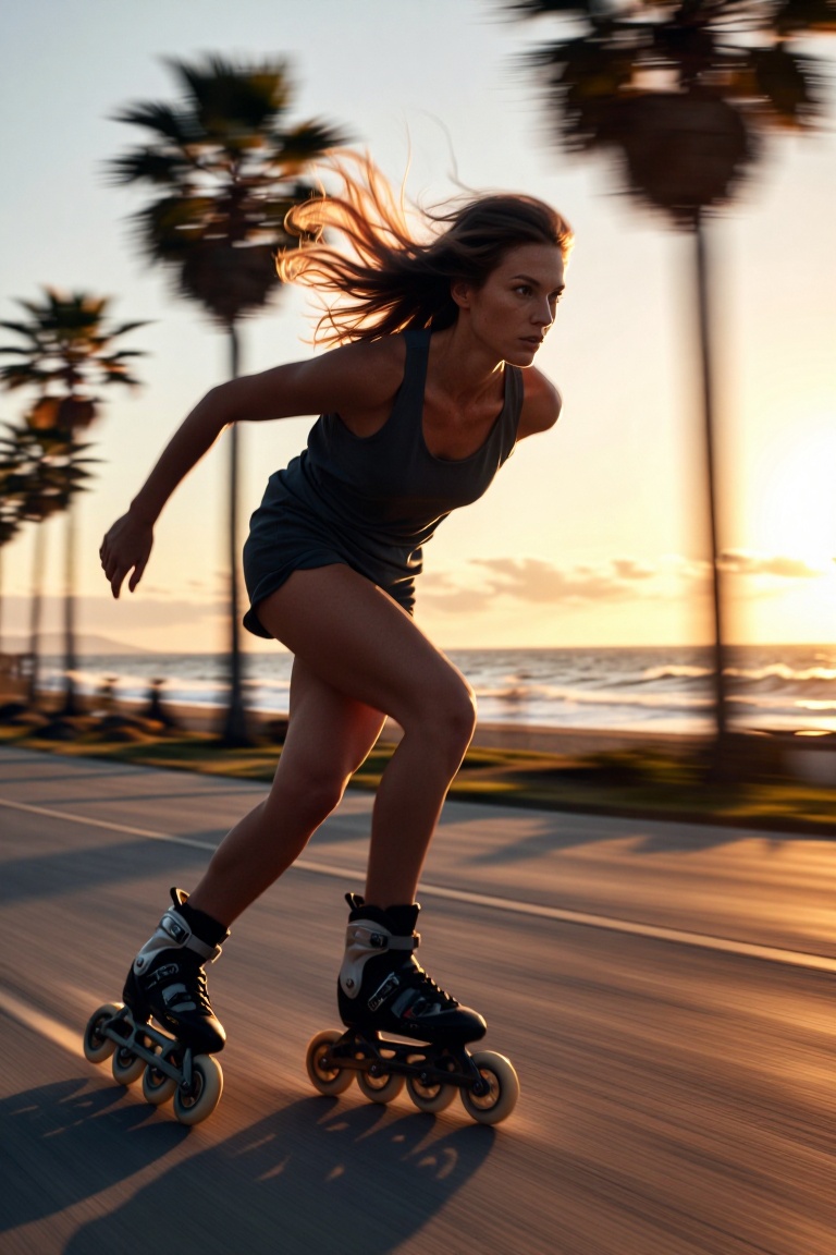[Subject] A rollerblader speeding down a winding boardwalk at sunset,  wearing inline skates,  shorts on Tensor.Art
