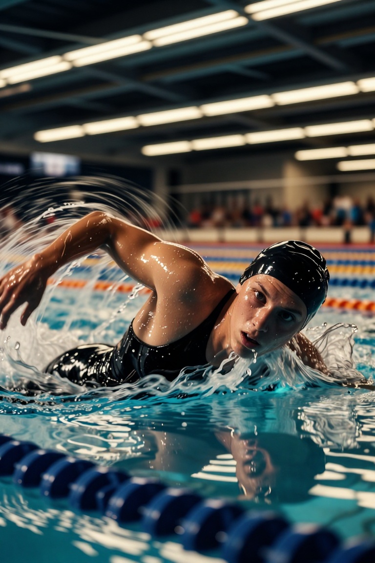 [Subject] A professional swimmer executing a freestyle stroke in an indoor Olympic pool,  arms and water splash captured i...