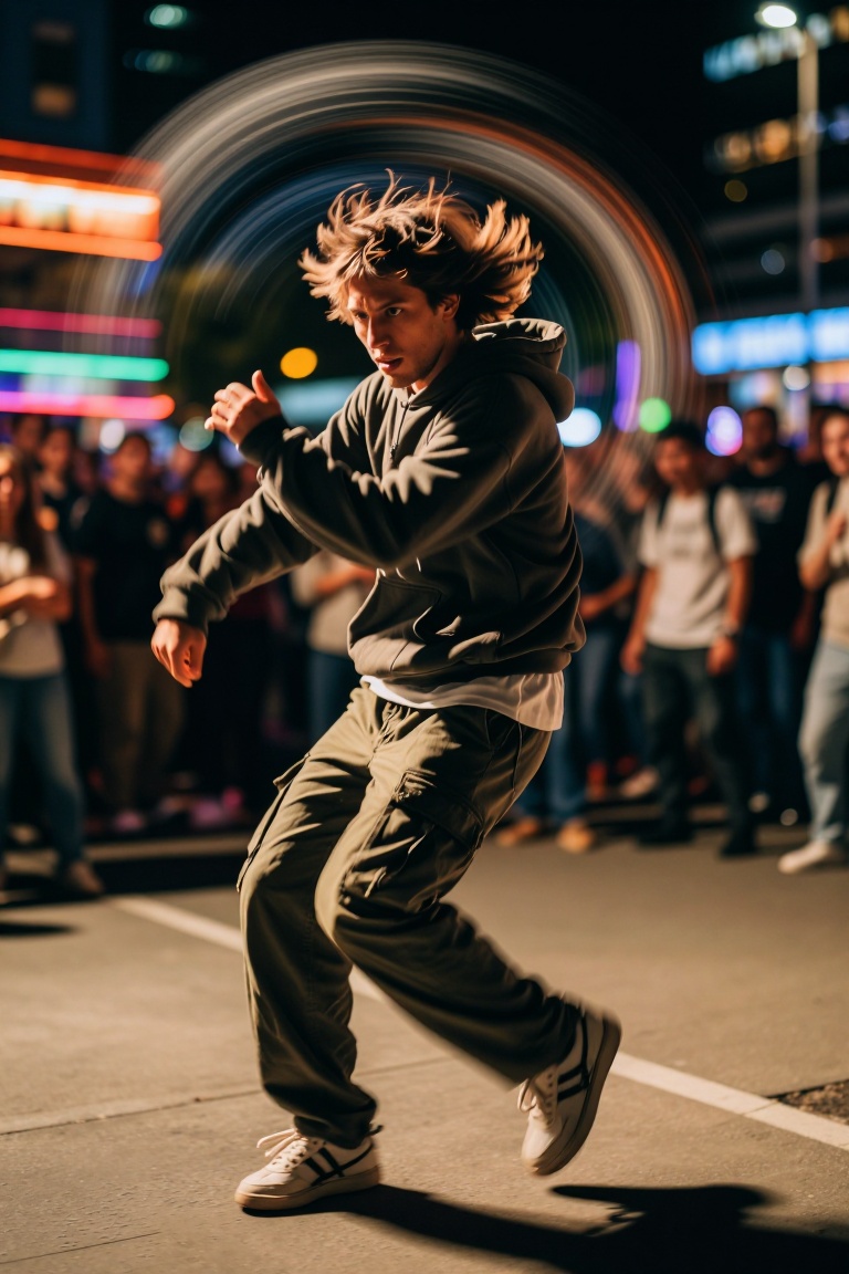 [Subject] A street performer breakdancing on urban concrete at night,  wearing baggy cargo pants and a hoodie,  his spinni...
