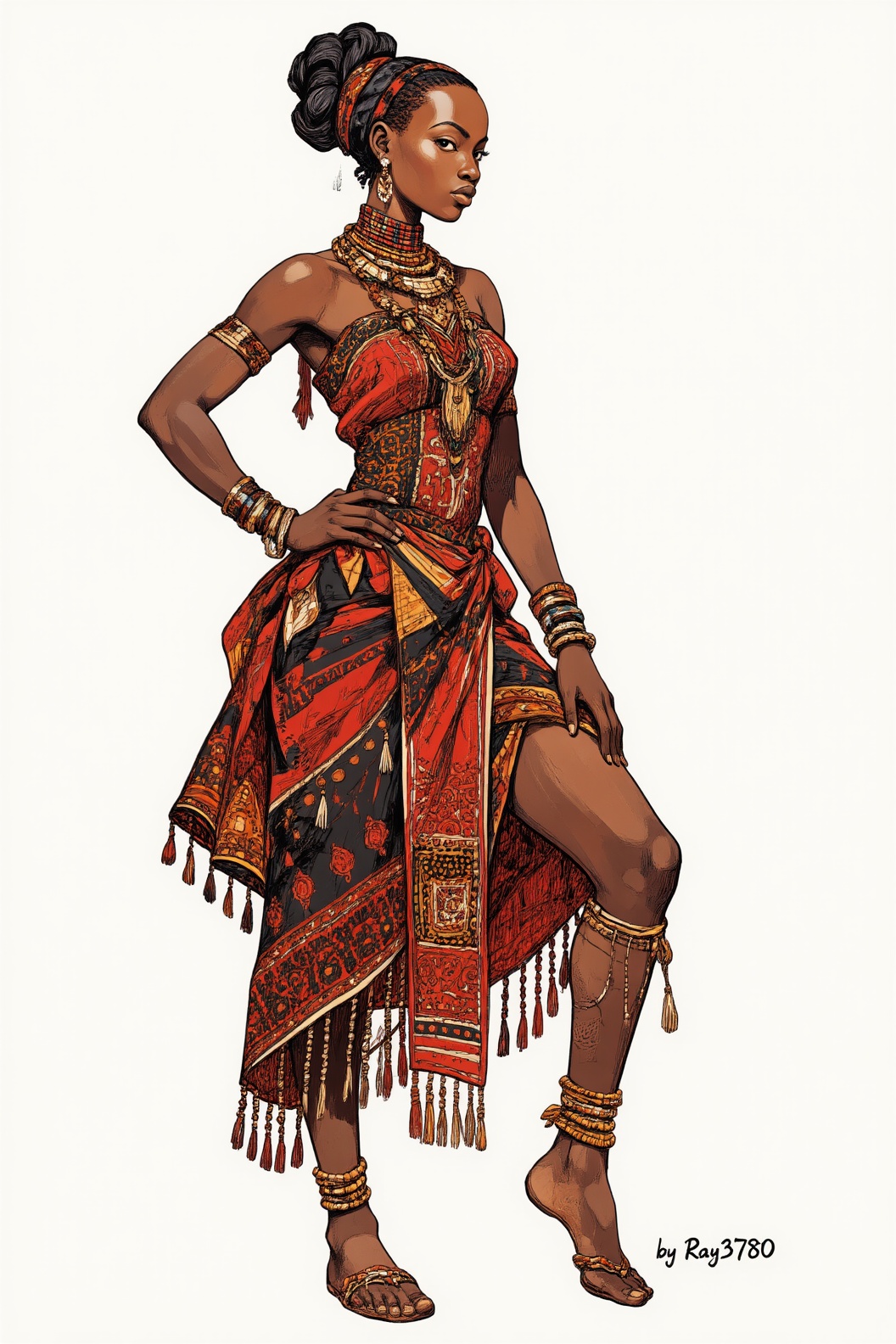 Igor风格插画,  描绘了一位肤色黝黑的年轻非洲女性,  她自信地站立着 on Tensor.Art