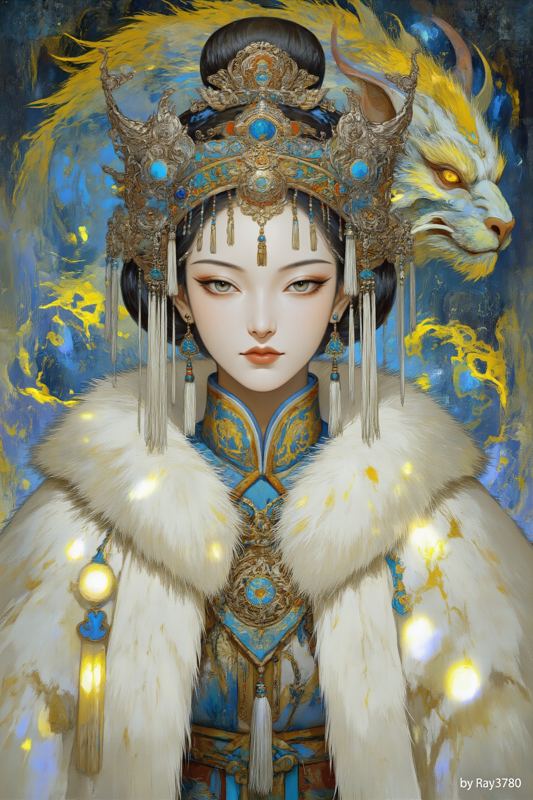 Igor风格插画,  国风美人,  皮肤干净光滑白皙。眼睛狭长眼尾上挑。远景高 on Tensor.Art