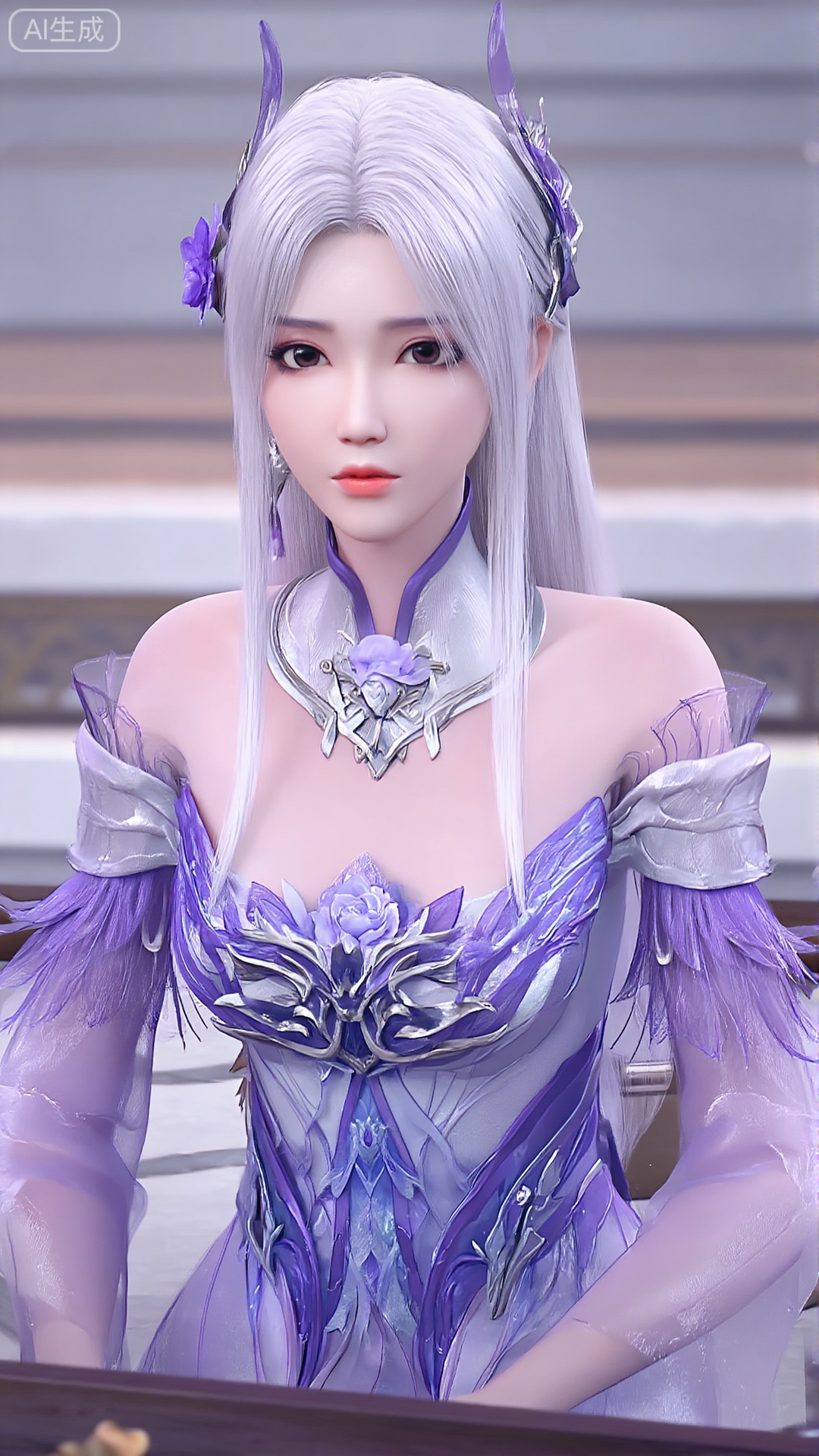 小医仙,小医仙的衣裳,细腻的皮肤,坐着,看着观众,均匀的照明,简单漂亮的背景,高质量画面