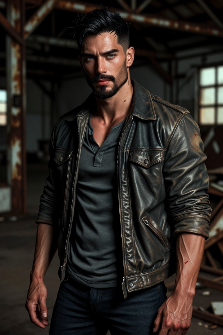 [Professional studio portrait photograph of] [ realistic Illustration of ] Semi-realistic portrait of a rugged masculine m...