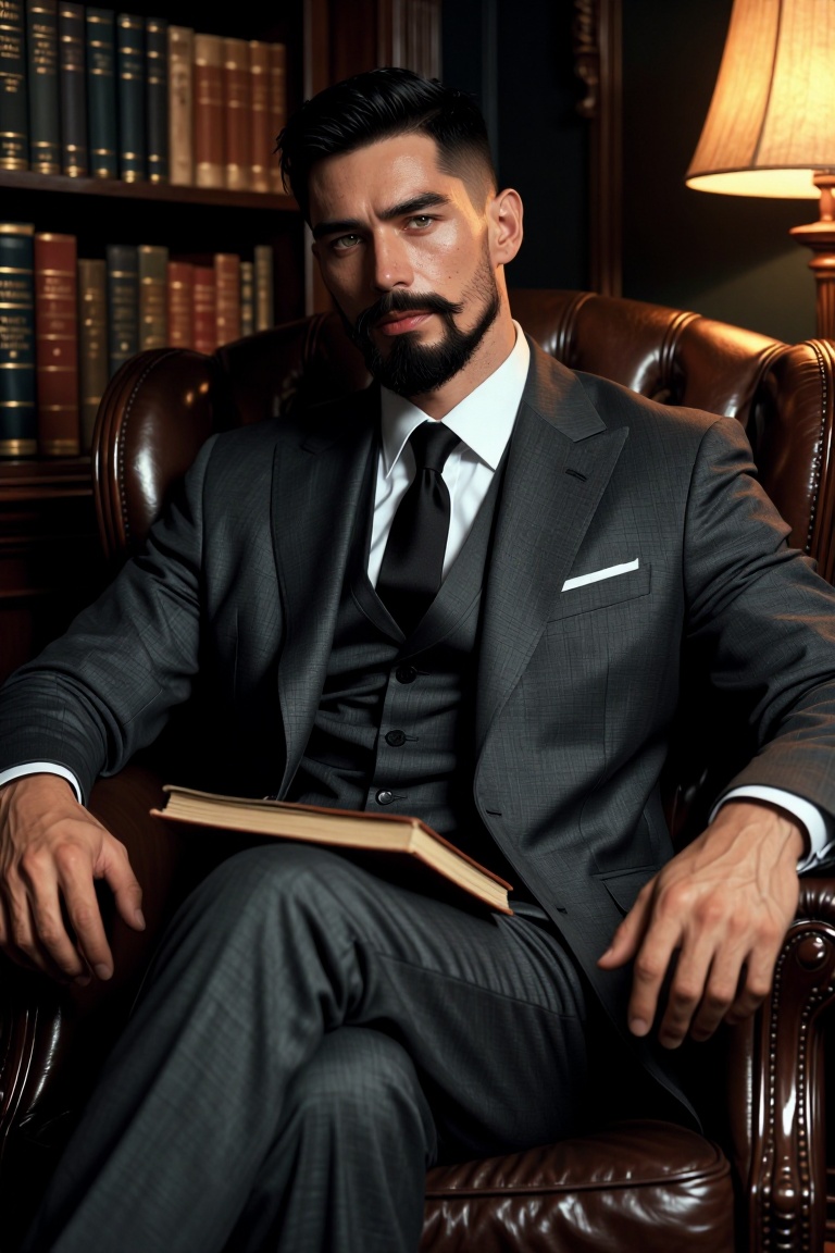[Professional studio portrait photograph of] [ realistic Illustration of ] Semi-realistic art of a mature masculine man wi...