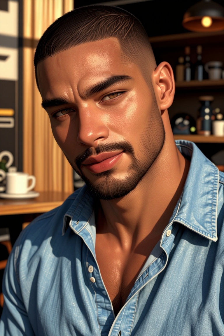 [ realistic Illustration of ] Close-up portrait of a handsome Black man with short cropped hair,  well-groomed beard,  and...