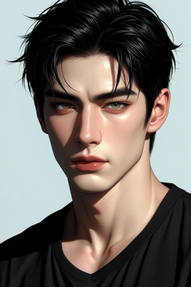 [ realistic Illustration of ] Close-up of a handsome Southeast Asian man with smooth skin,  straight black hair falling sl...