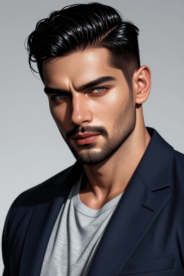 [ realistic Illustration of ] Close-up of a handsome South Asian man in his early 30s,  with neatly styled side-parted bla...
