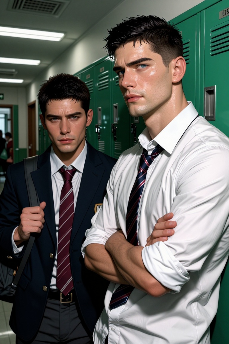 [ realistic Illustration of ] Two mature man in school uniforms stand in a hallway lined with bright green lockers. Left:...