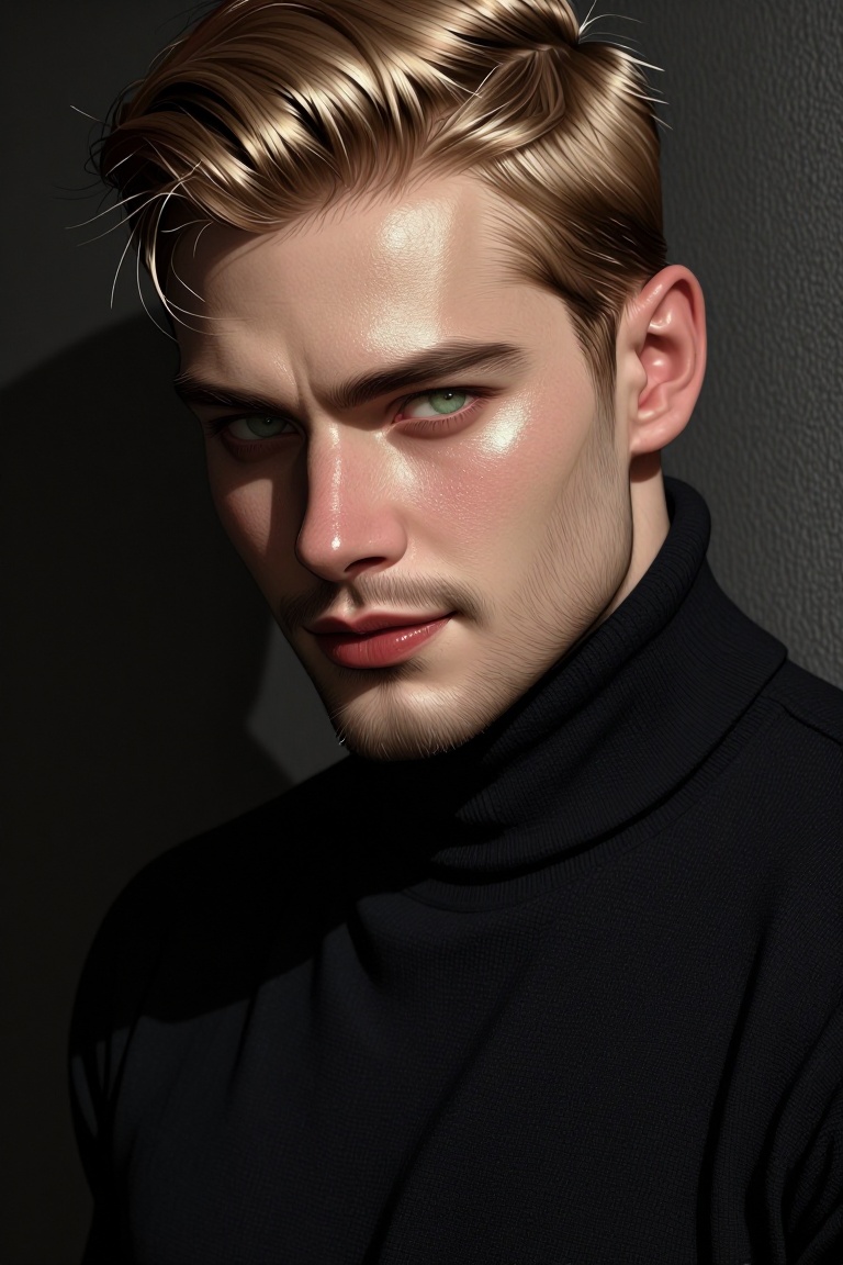 [ realistic Illustration of ] Close-up portrait of a handsome Scandinavian man with fair skin,  short blond hair,  light s...