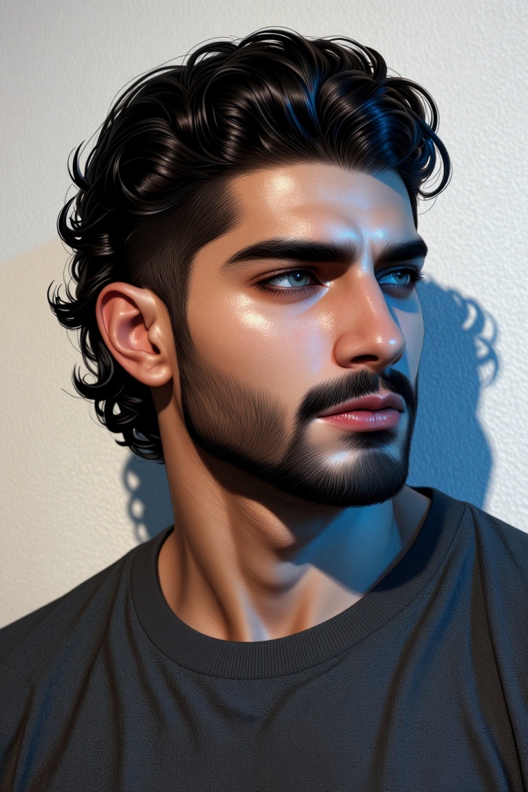 [ realistic Illustration of ] Close-up of a handsome Middle Eastern man with olive skin,  thick dark wavy hair pushed back...