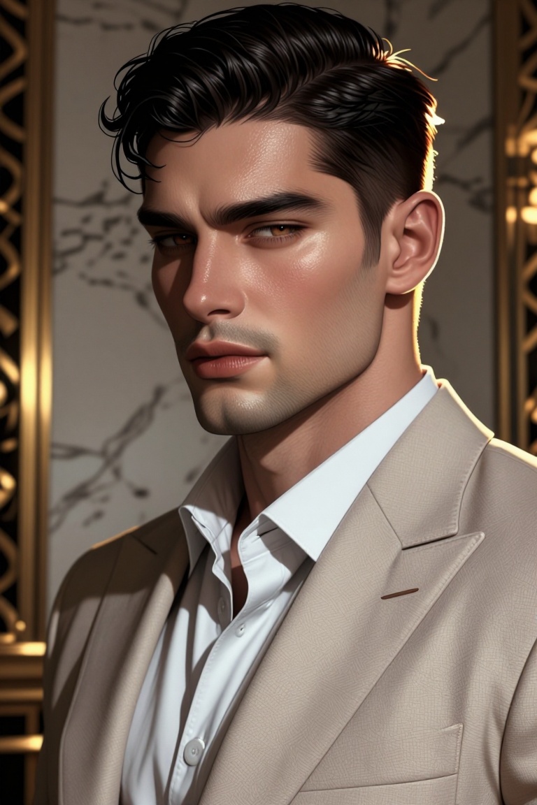 [ realistic Illustration of ] Close-up portrait of a handsome Mediterranean man with dark wavy hair slicked back,  strong...