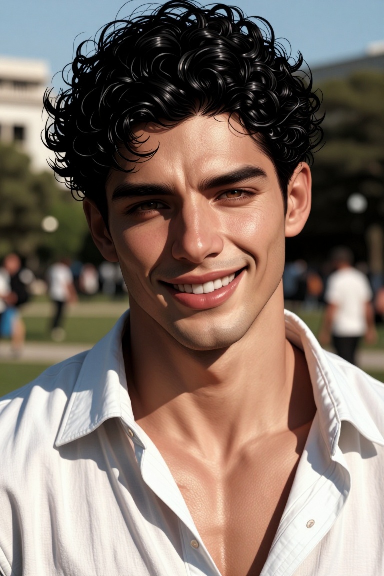 [ realistic Illustration of ] Close-up portrait of a handsome Latino man with tousled curly black hair,  clean-shaven,  an...