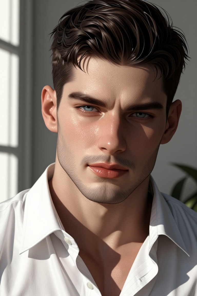 [ realistic Illustration of ] Close-up portrait of a handsome young Caucasian man with sharp jawline,  short dark brown ha...