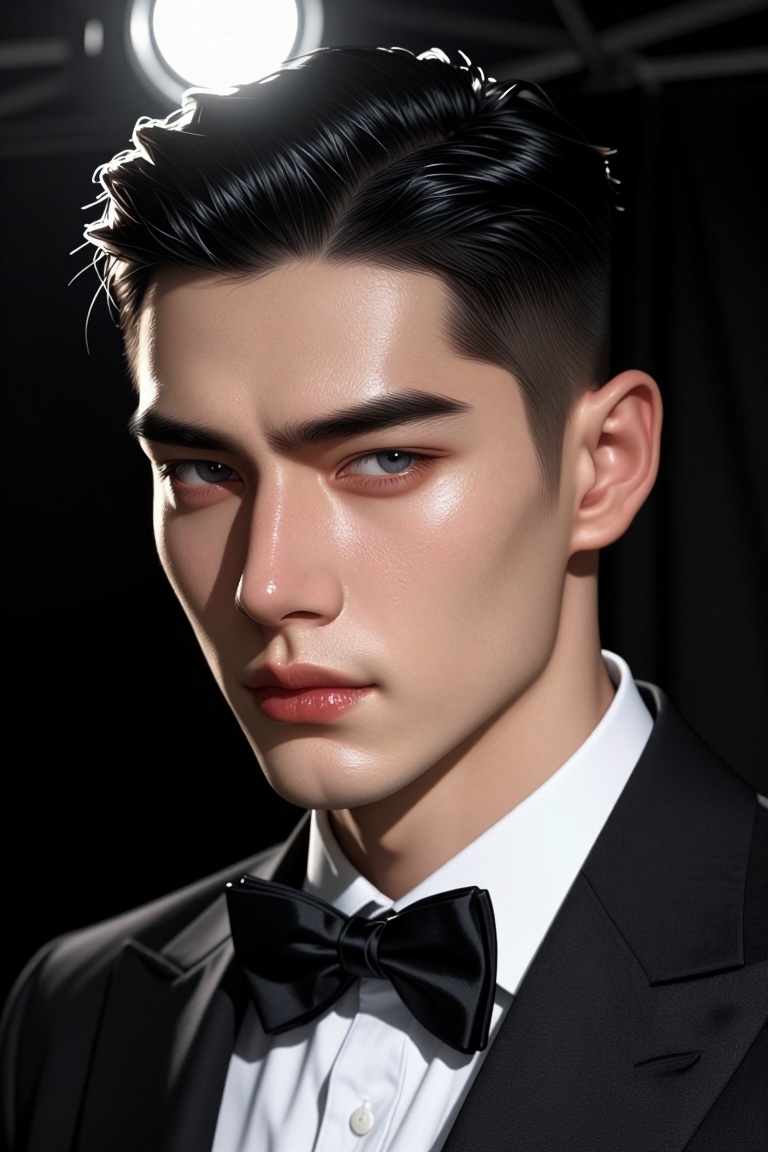[ realistic Illustration of ] Close-up of a handsome East Asian man in his late 20s,  clean-shaven with neatly combed blac...
