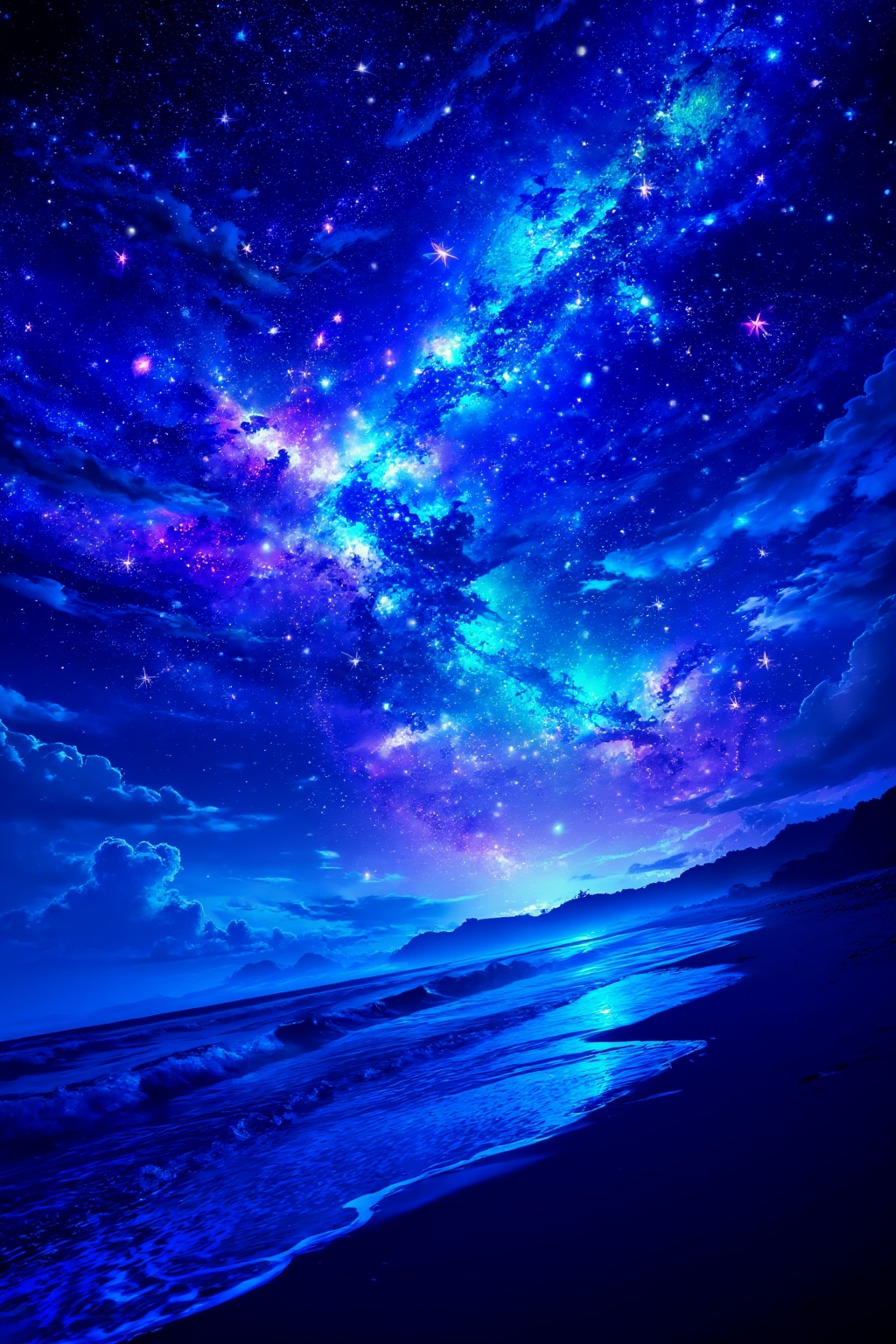 A vibrant digital artwork depicting a cosmic beach at night,  with a shimmering blue and purple sky,  starry stars on Tens...