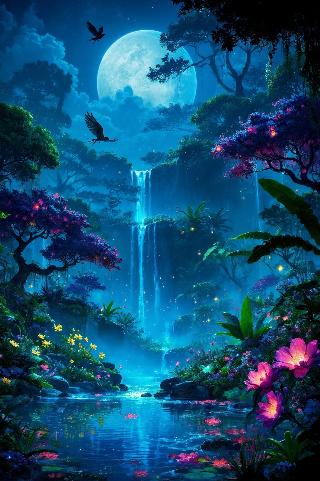 A serene,  digital fantasy artwork depicting a lush,  moonlit garden with a glowing waterfall on Tensor.Art